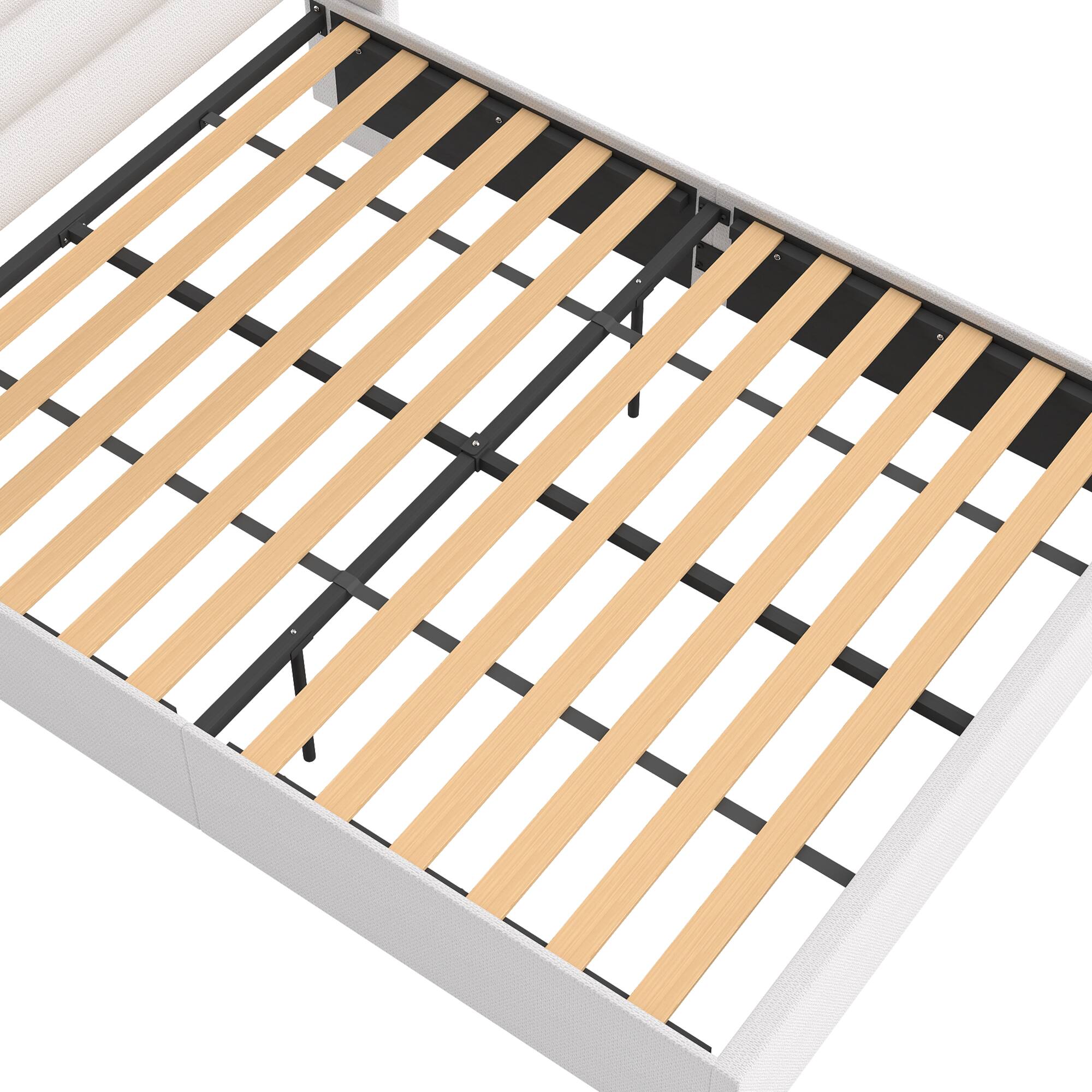 Alt View 2. Brick Attic - Solid Wood Slat Bed with Gourd-Shaped Legs,Minimalist Striped Headboard, Elevated Base for Airflow, No Box Spring Needed - White.