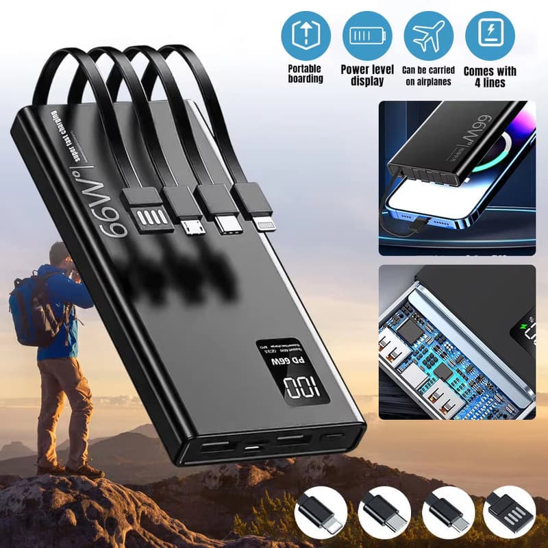 Luckbyte - 20000mAh Portable Power Bank - 66W Super Fast Charging with 4 Built-in Cables & Digital LED Display, USB-C PD, Black