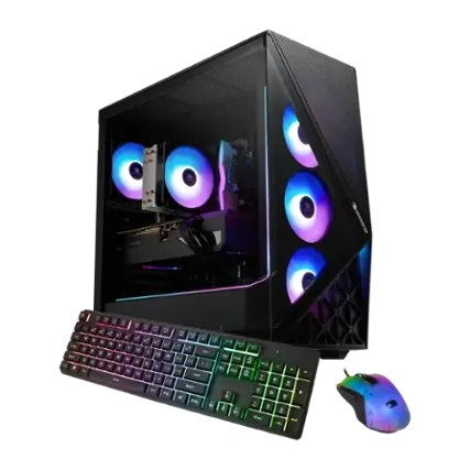 The image features a computer setup with a keyboard and a mouse. The keyboard is placed in front of a computer tower, which is equipped with a colorful lighting system. The mouse is positioned to the right of the keyboard, ready for use. The overall setup appears to be a gaming computer, with the colorful lights adding a visually appealing touch to the system.