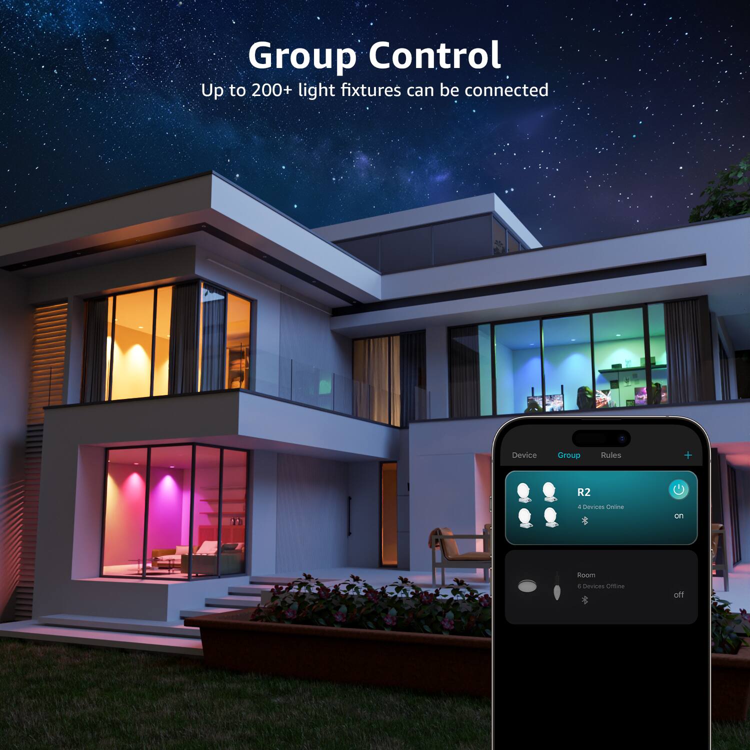 Group Control  
Up to 200+ light fixtures can be connected  

Device Group Rules  
R2  
4 Devices Online  
on  

Room  
6 Devices Offline  
off