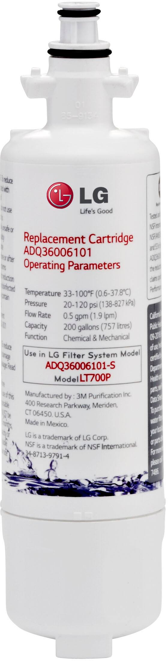 The image shows a white bottle with a black cap, labeled "LG" and "Replacement Cartridge." The bottle contains a liquid, possibly a chemical or a cleaning solution. The label on the bottle provides information about the operating parameters, such as the temperature range, pressure, flow rate, and capacity. The bottle is manufactured by 3M Purification Inc. and is made in Mexico.