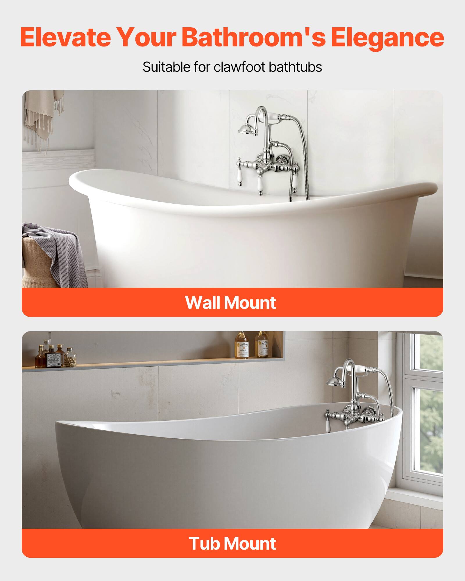 Elevate Your Bathroom's Elegance  
Suitable for clawfoot bathtubs  

Wall Mount  

Tub Mount