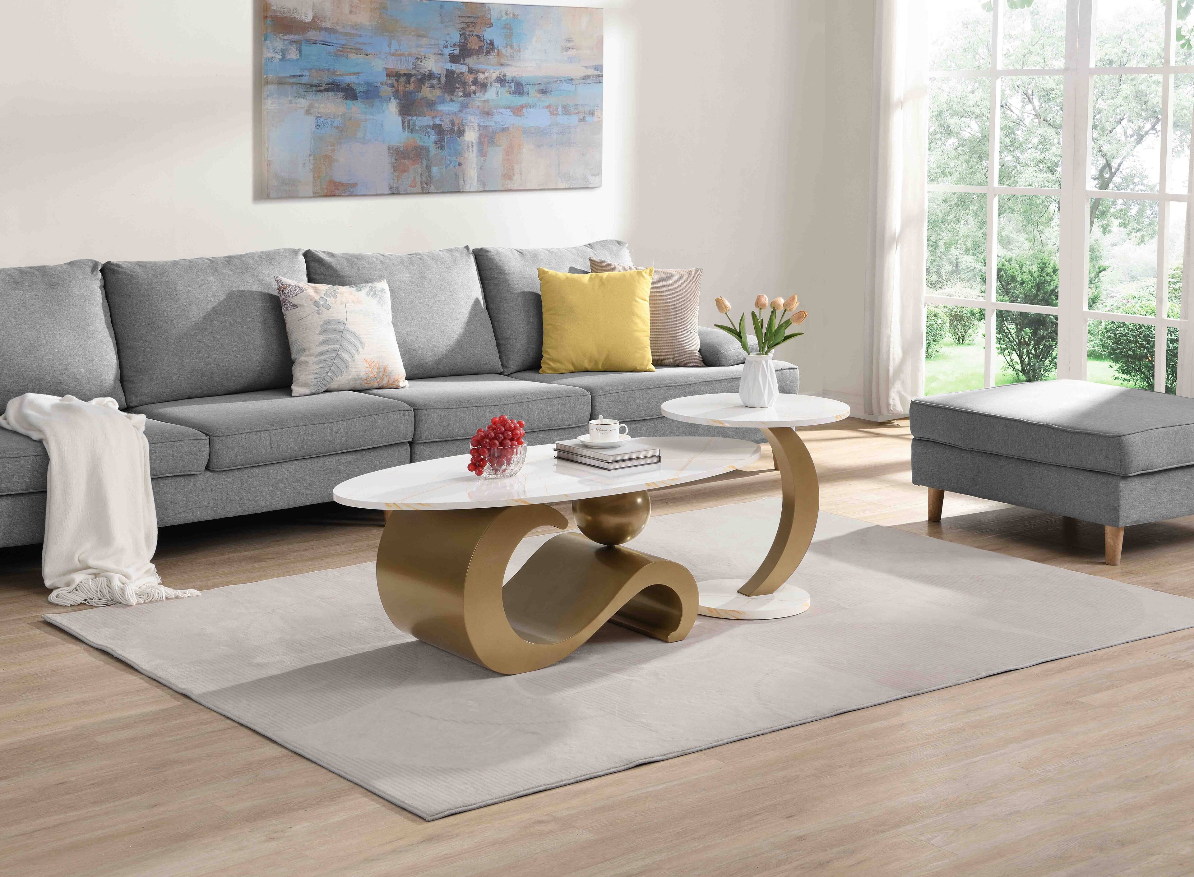 Front. TinyHomie - Modern Nesting Coffee Table Set 2 Pcs Oval Round Golden For Living Room - white.