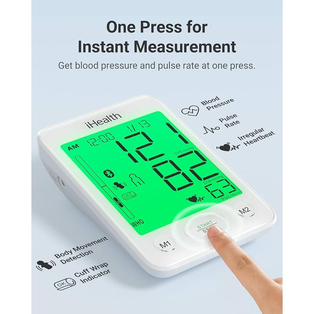 One Press for Instant Measurement  
Get blood pressure and pulse rate at one press.

iHealth AI  
AM 12:00  
Blood Pressure Pulse Rate  
Irregular Heartbeat  
Movement Body Detection  
Cuff Wrap Indicator  
WHO  
M1  
DIA mmHg 63  
PUL/min 67  
M2  
START  
M1