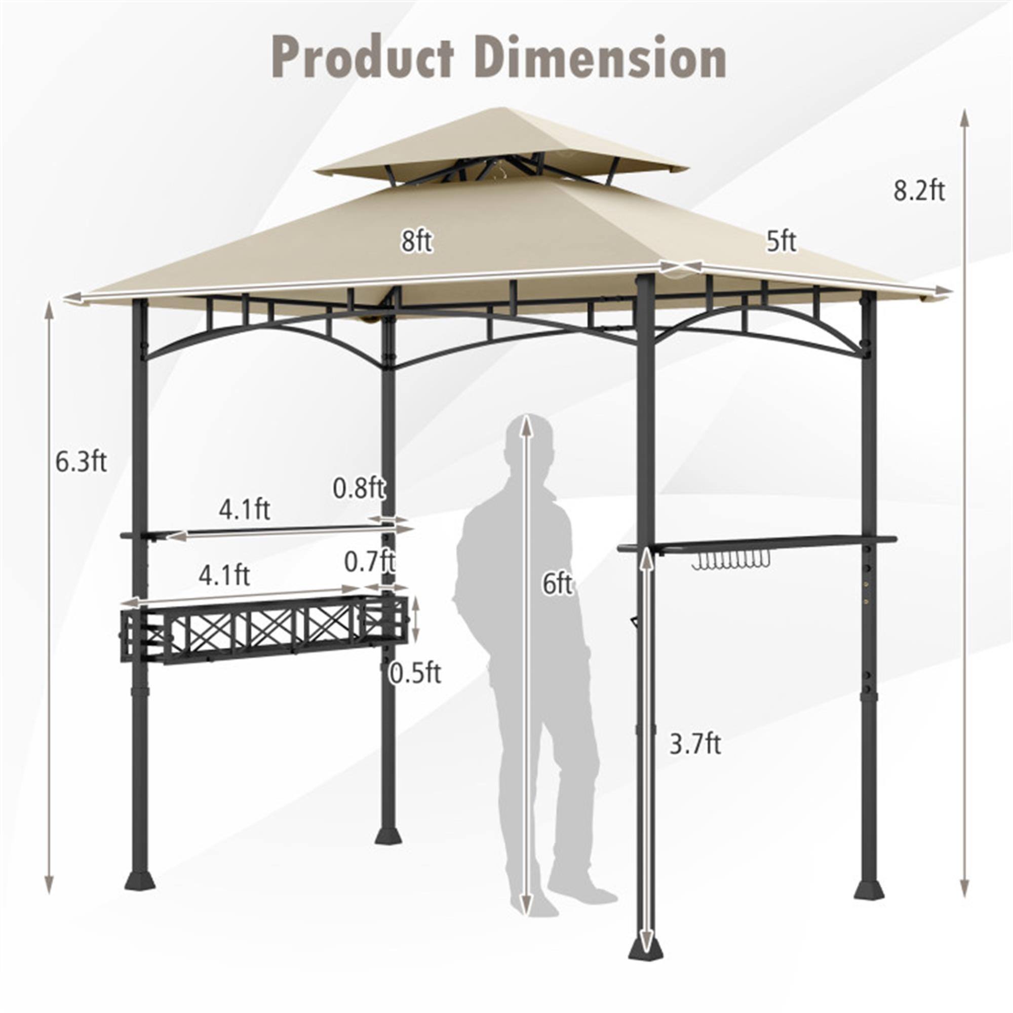 Product Dimension: 8ft, 5ft, 8.2ft, 6.3ft, 4.1ft, 0.8ft, 4.1ft, 0.7ft, 6ft, 0.5ft, 3.7ft