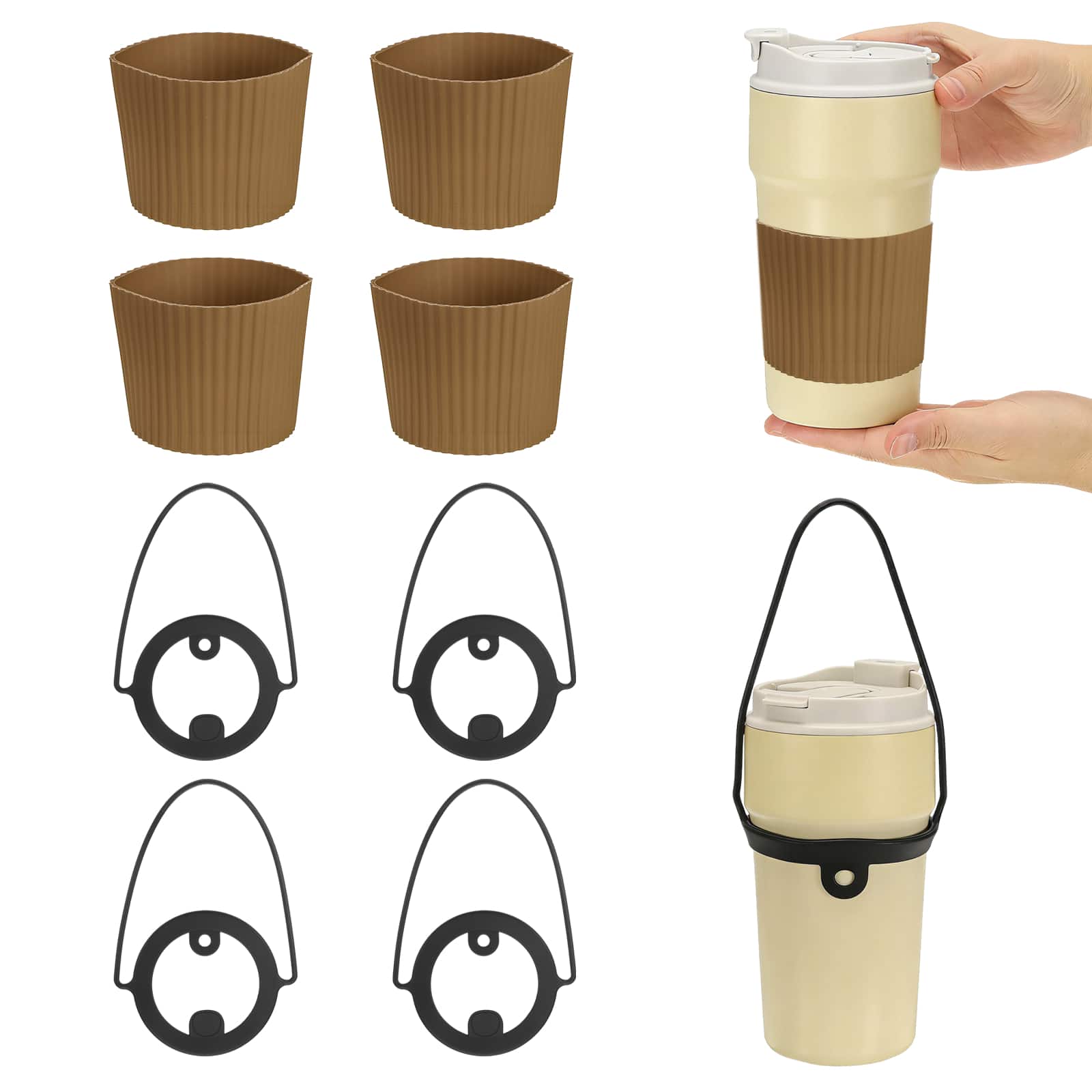 Unique Bargains - Silicone Cup Sleeve, 4pcs Coffee Sleeves with Black Handle Strap, Heat Resistant Reusable Nonslip for Coffee Tea Drinks - Brown price history on PriceWatchPro