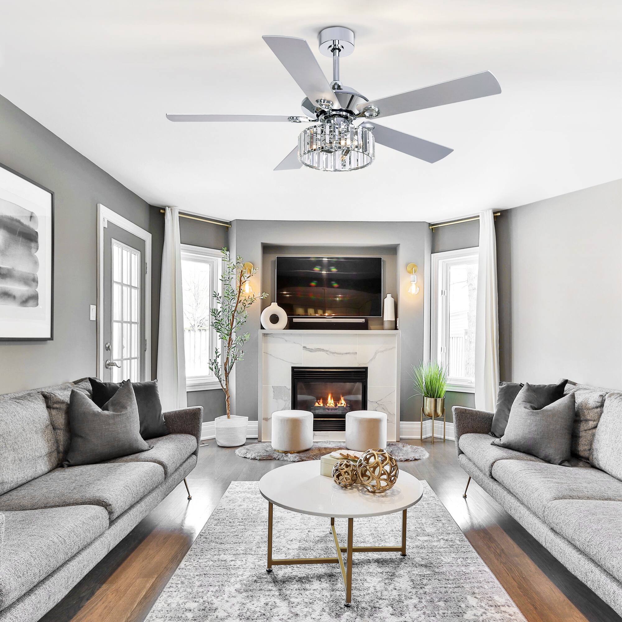 Alt View 2. Breezary - 52" Indoor Chandelier Ceiling Fan with Silver Blades & Crystal E12 Triple Light - Remote Included (5-Blade) - Chrome.