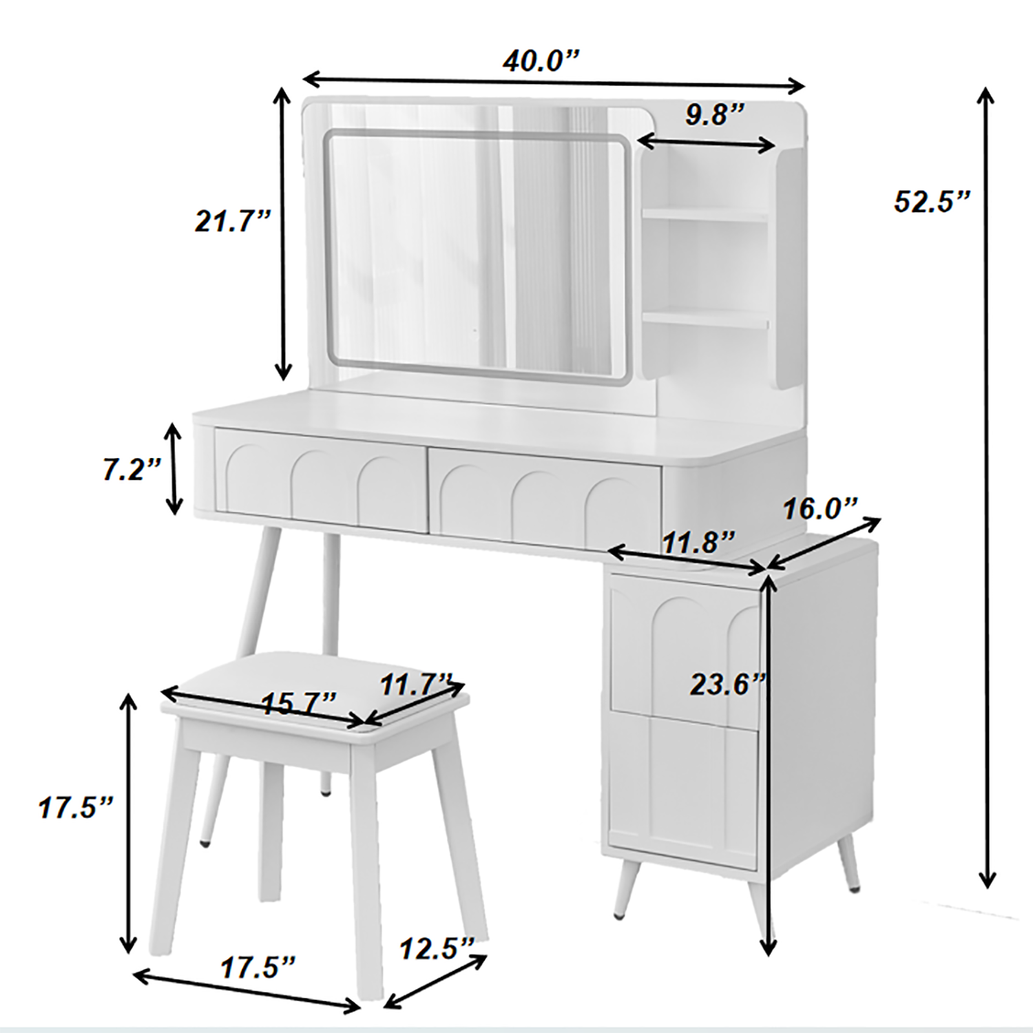 40.0" (width)  
9.8" (depth)  
21.7" (height)  
52.5" (overall height)  
7.2" (drawer height)  
11.8" (drawer width)  
16.0" (drawer depth)  
11.7" (stool height)  
15.7" (stool width)  
23.6" (cabinet width)  
17.5" (cabinet depth)  
17.5" (cabinet height)  
12.5" (stool seat depth)