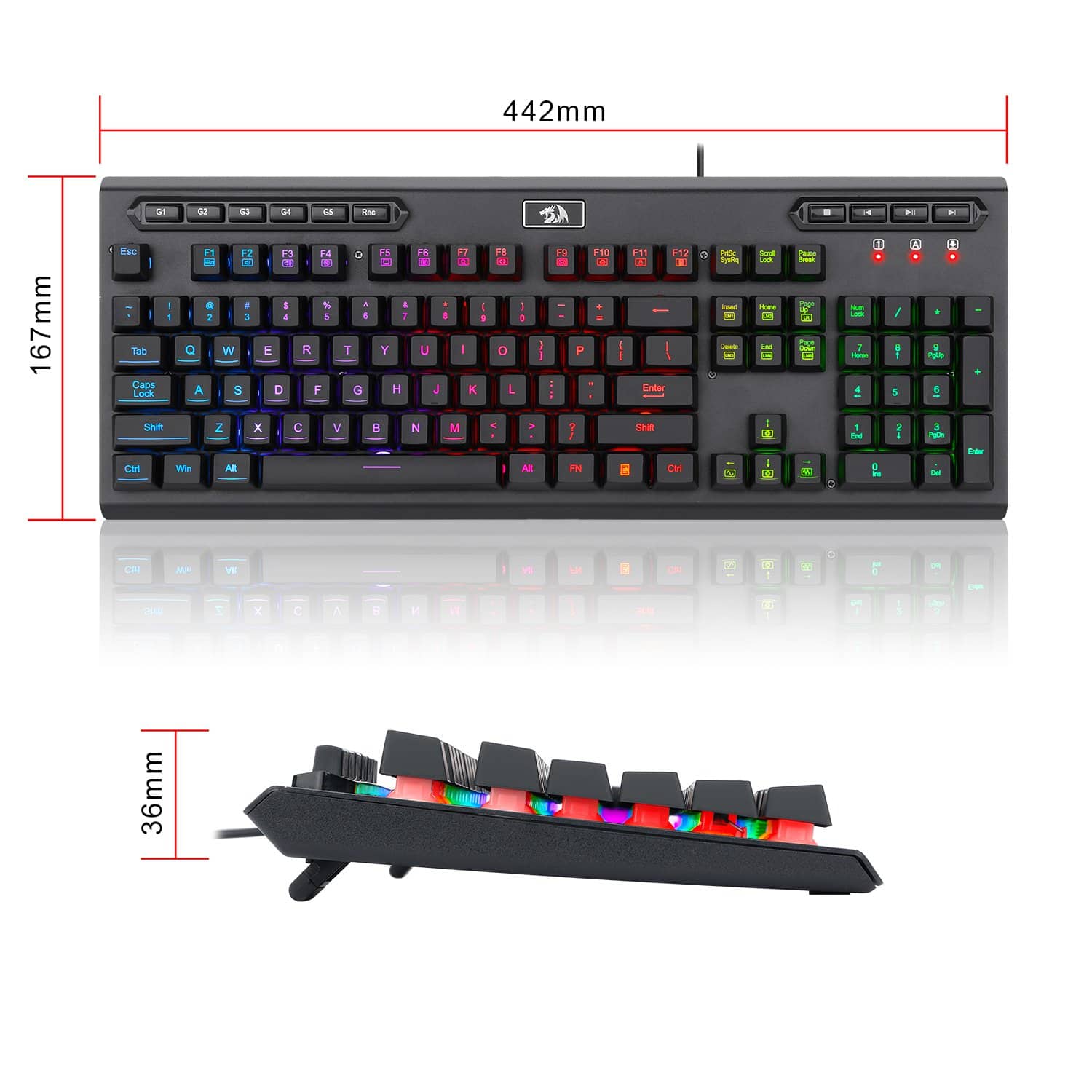 REDRAGON - K513 RGB Membrane Standard 104 Keys Linear Mechanical-Feel Keyboard w/5 Extra On-Board Macro G Keys - Black