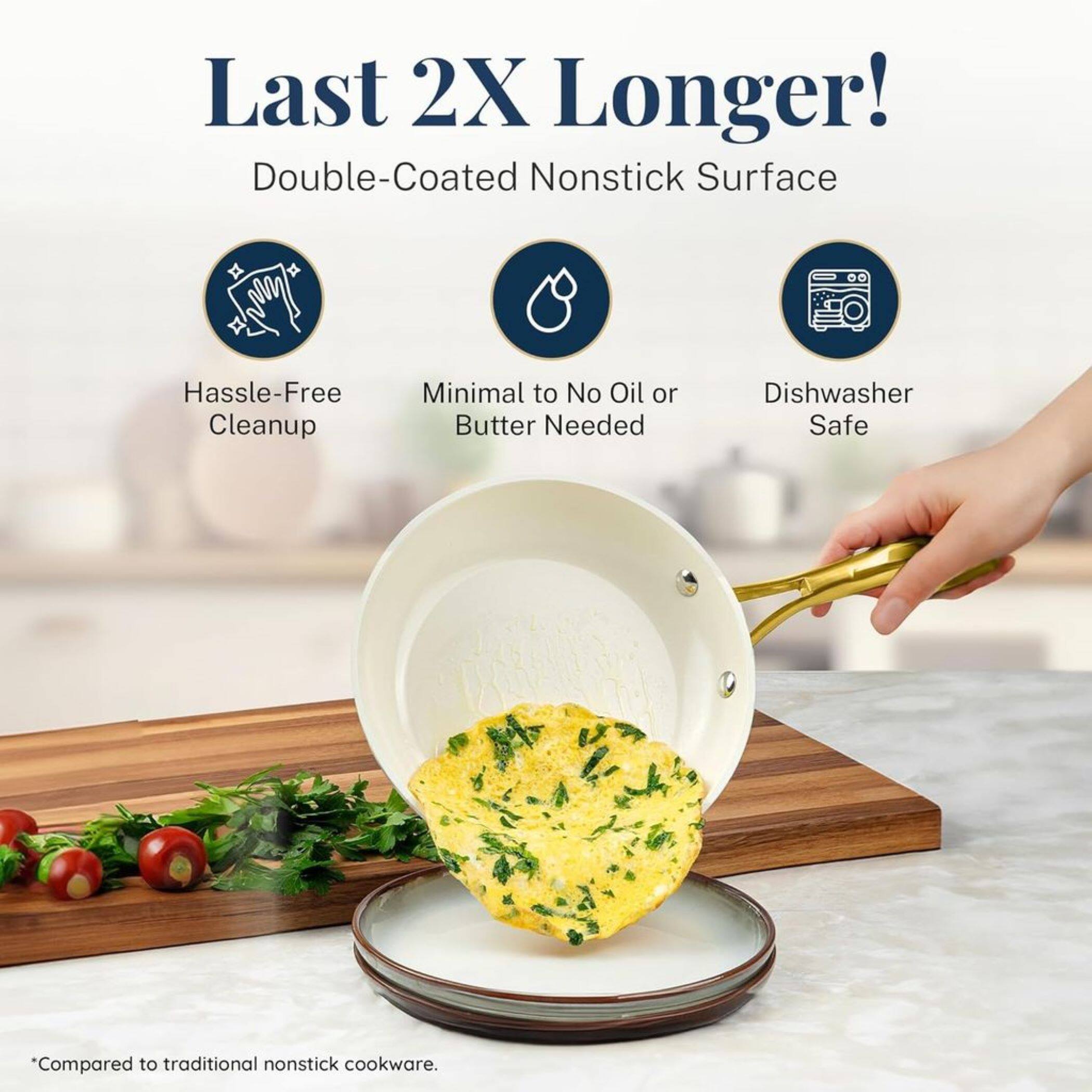 Last 2X Longer! Double-Coated Nonstick Surface Hassle-Free Cleanup Minimal to No Oil or Butter Needed Dishwasher Safe Compared to traditional nonstick cookware.