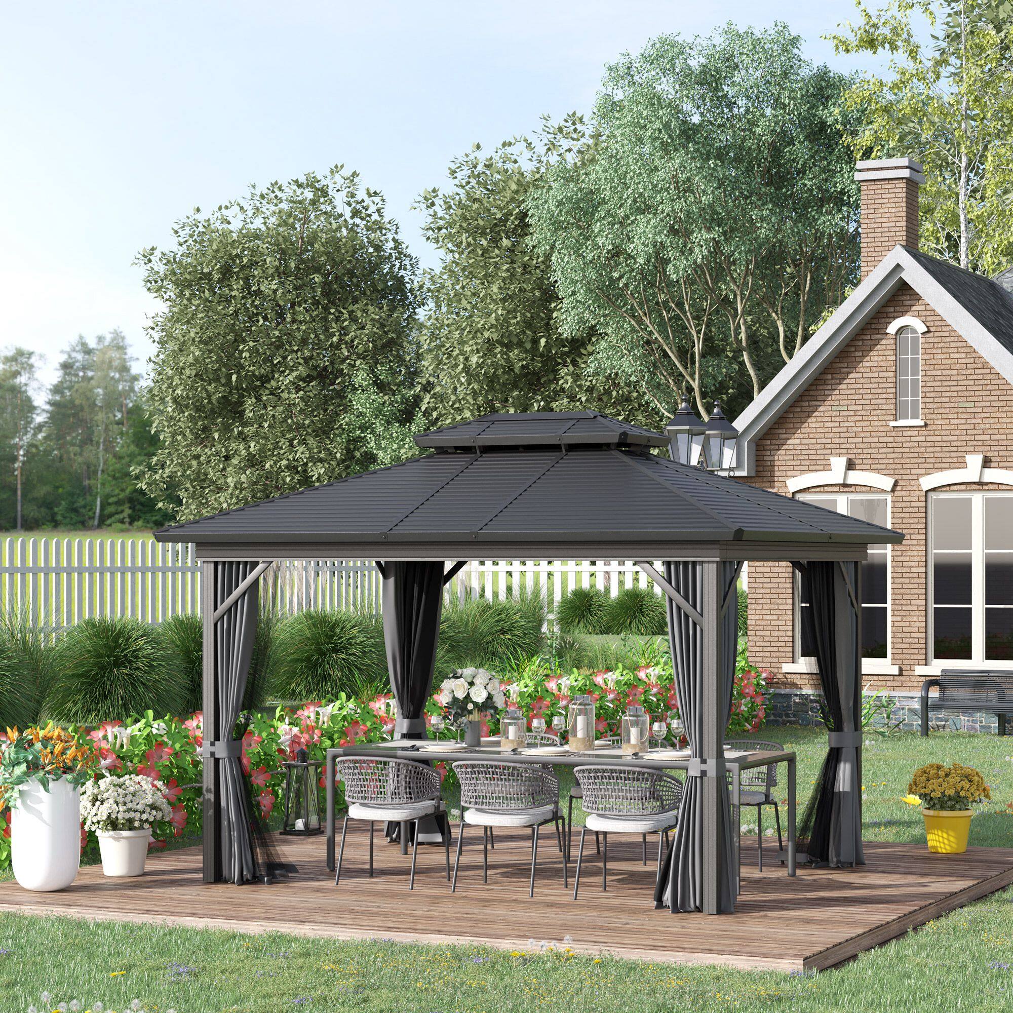 Alt View 1. Outsunny - 10' x 12' Hardtop Gazebo with Curtains and Netting, Permanent Pavilion Metal Double Roof Gazebo Canopy - Gray.