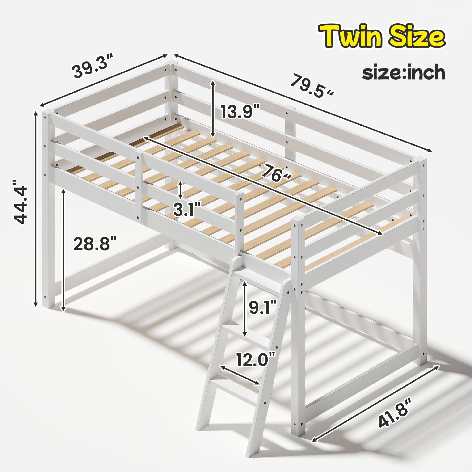 Twin Size  
size: inch  

- 79.5" (length)  
- 44.4" (height)  
- 39.3" (width)  
- 13.9" (height of the bed)  
- 76" (depth of the bed)  
- 28.8" (width of the ladder)  
- 3.1" (thickness of the bed frame)  
- 9.1" (height of the ladder steps)  
- 12.0" (depth of the ladder steps)  
- 41.8" (width of the ladder base)
