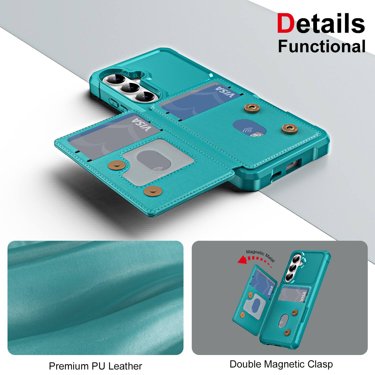 Details  
Functional  

Premium PU Leather  

Double Magnetic Clasp  

Magnetic Metal