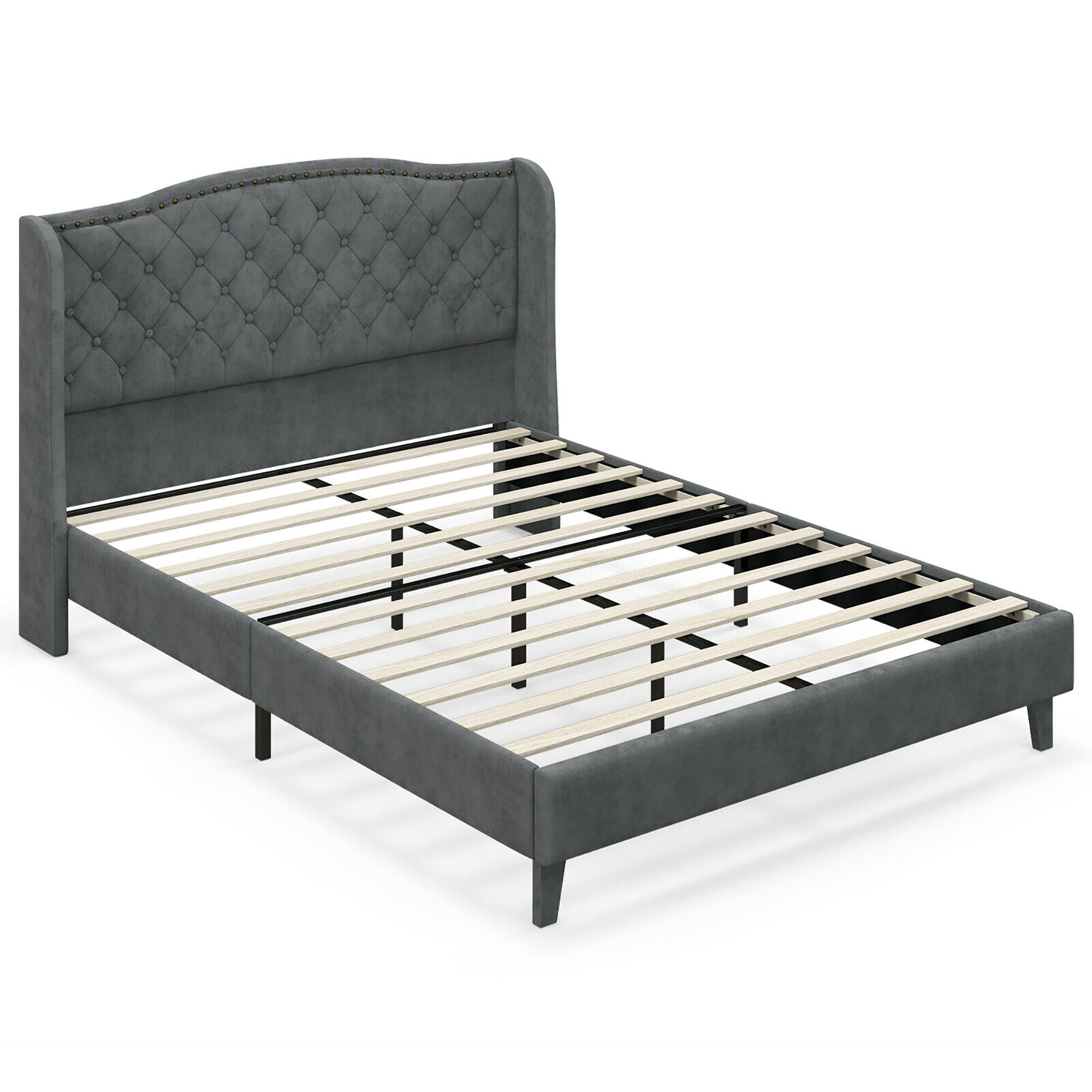 Alt View 2. Gymax - Gymax Full Upholstered Platform Bed Frame w/ Button Tufted Headboard Wooden Slats - Grey.