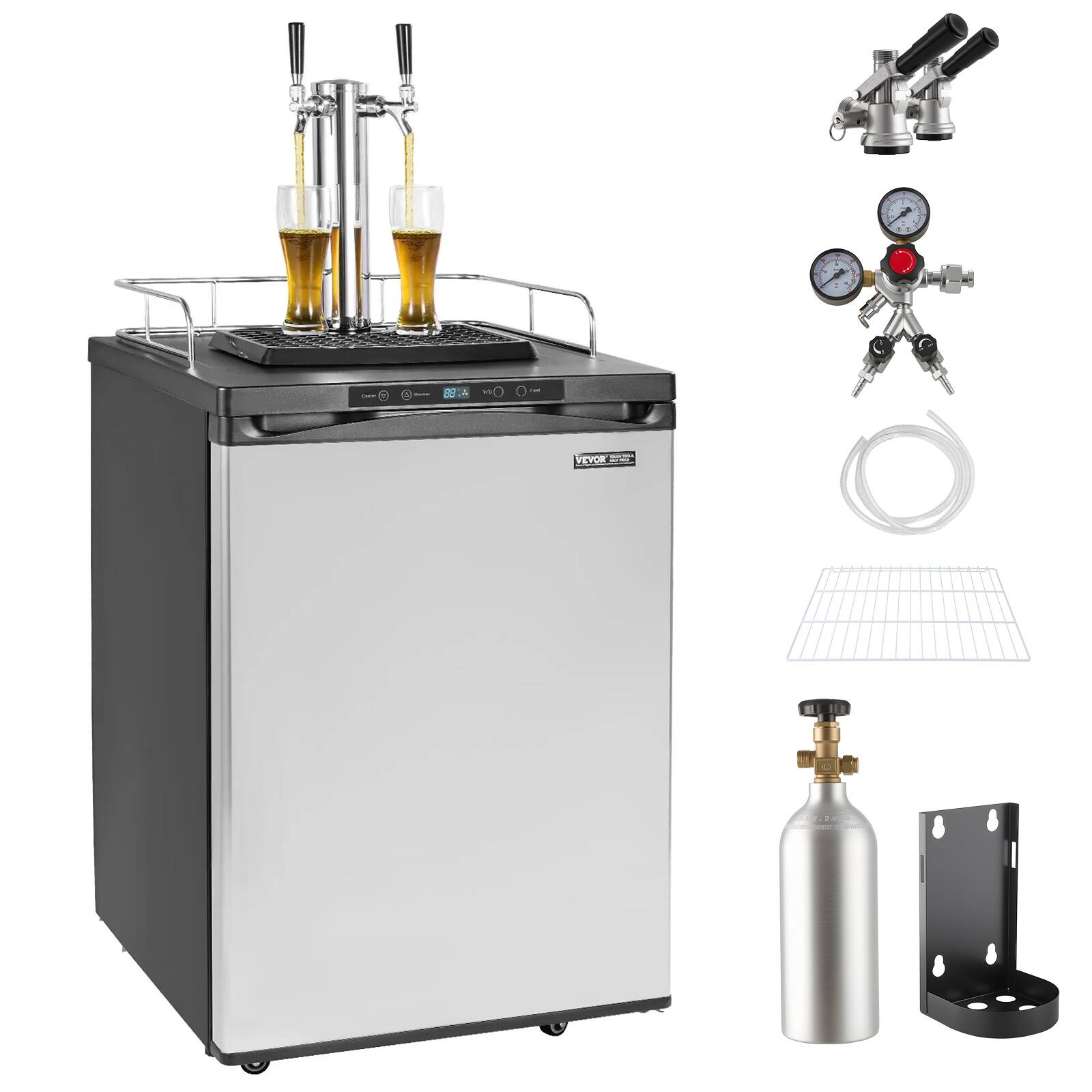 Front. VEVOR - Beer Kegerator, Dual Tap Draft Beer Dispenser, Full Size Keg Refrigerator With Shelf, CO2 Tank(No Gas), Drip Tray - Black,Grey.