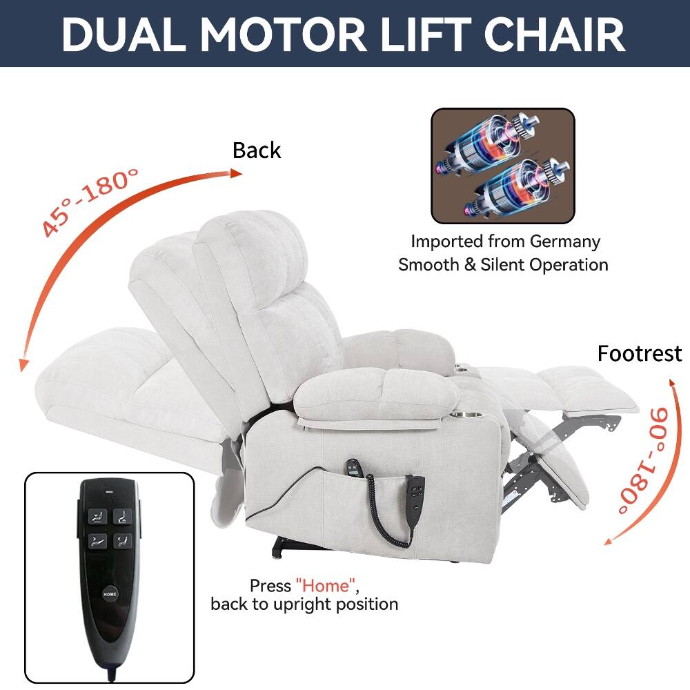 DUAL MOTOR LIFT CHAIR

45°-180° HOME

Back

Footrest 90°-180°

Imported from Germany
Smooth & Silent Operation

Press "Home", back to upright position