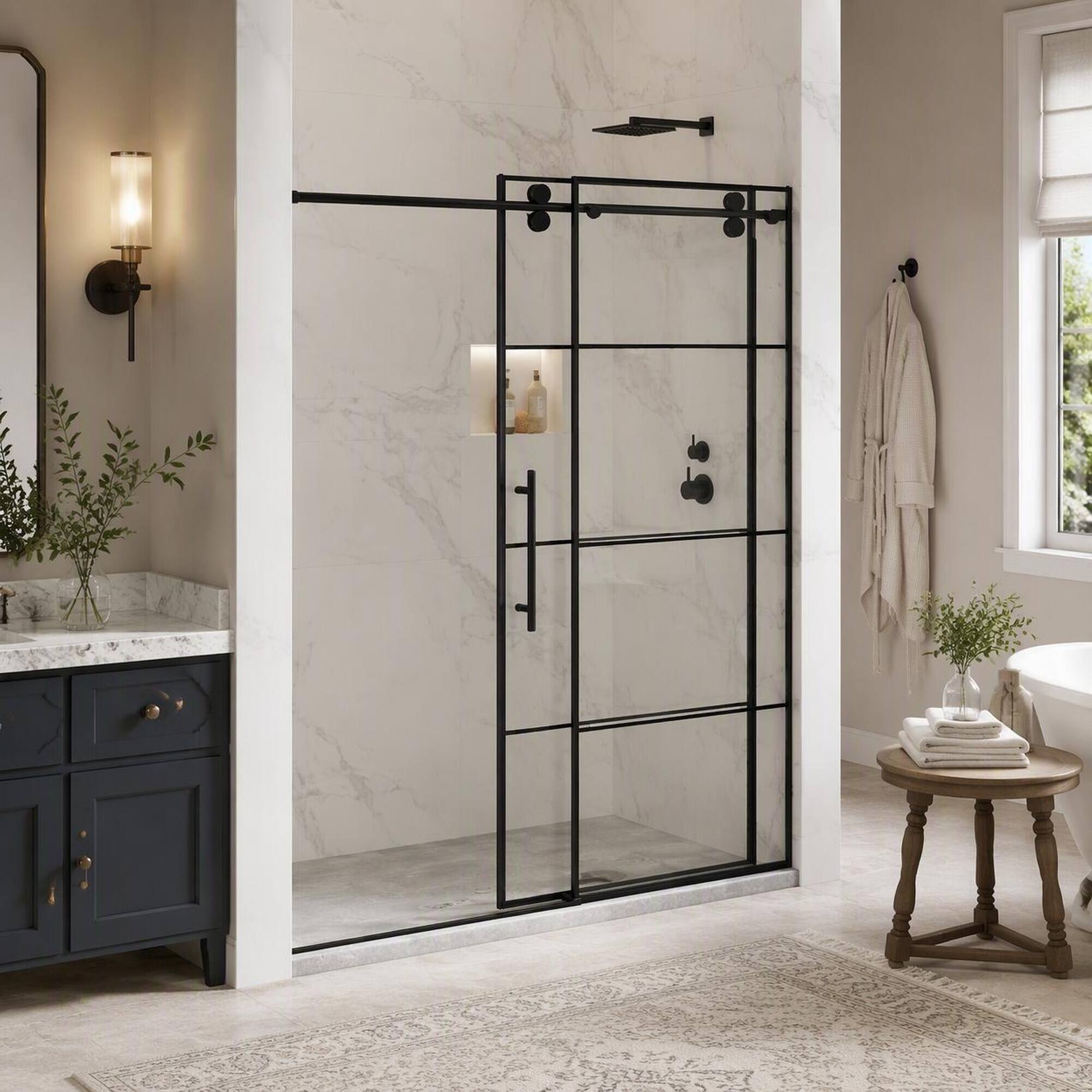 Back. RYHNUYNE - 56-60 In W X 72 In H Frameless Sliding Shower Door, 5/16 In Clear Tempered Glass With Matte Black Handles - Matte Black.
