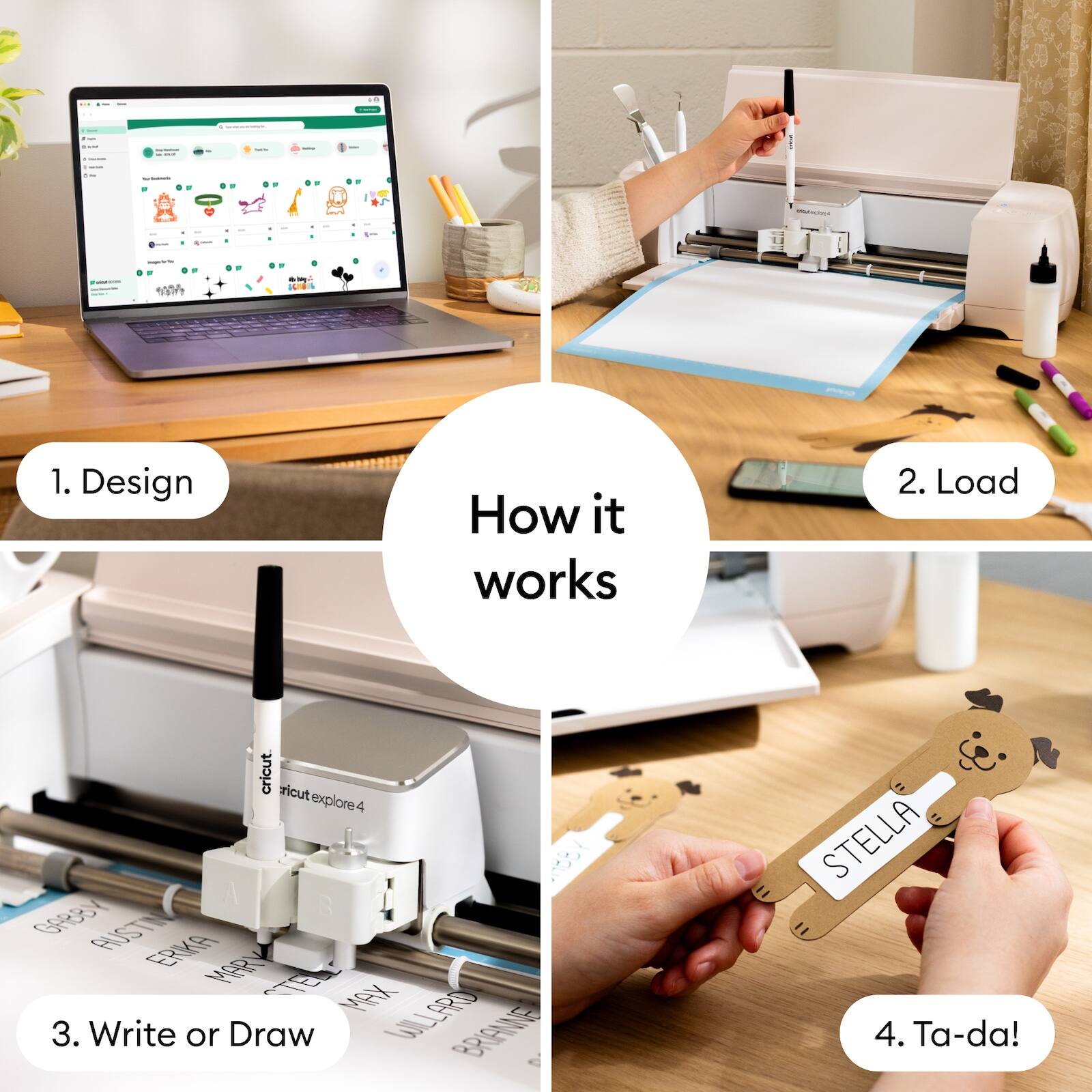 1. Design  
2. Load  
3. Write or Draw  
4. Ta-da!  

How it works