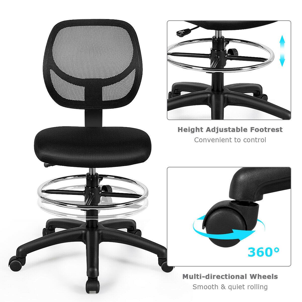 The text on the image is grouped and corrected as follows:

Height Adjustable Footrest Convenient to control 360 Multi-directional Wheels Smooth & quiet rolling