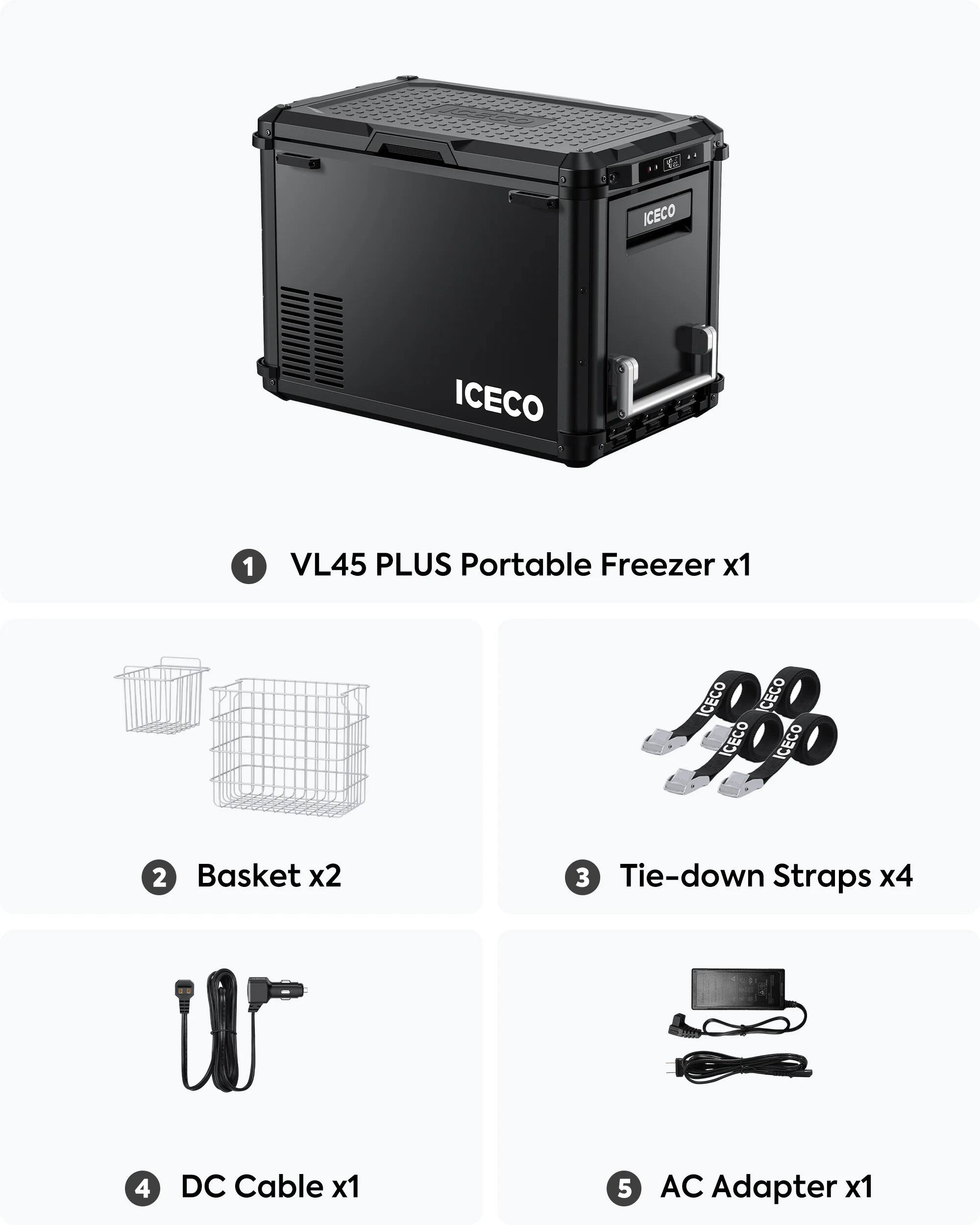 ICECO  
1  
VL45 PLUS Portable Freezer x1  
2  
Basket x2  
3  
Tie-down Straps x4  
4  
DC Cable x1  
5  
AC Adapter x1
