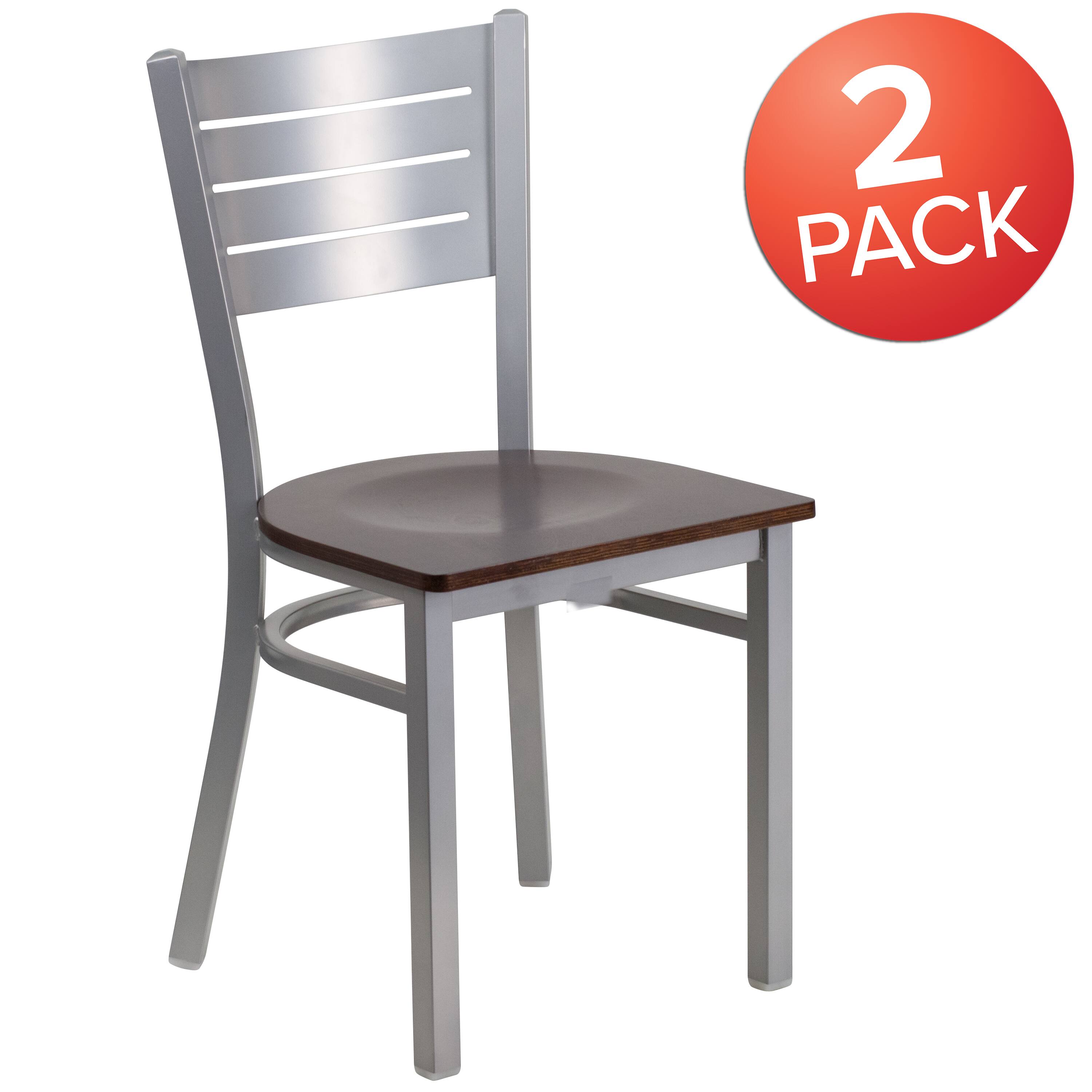Alt View 1. Emma + Oliver - 2 Pack Silver Slat Back Metal Restaurant Chair - Walnut Wood Seat/Silver Frame.