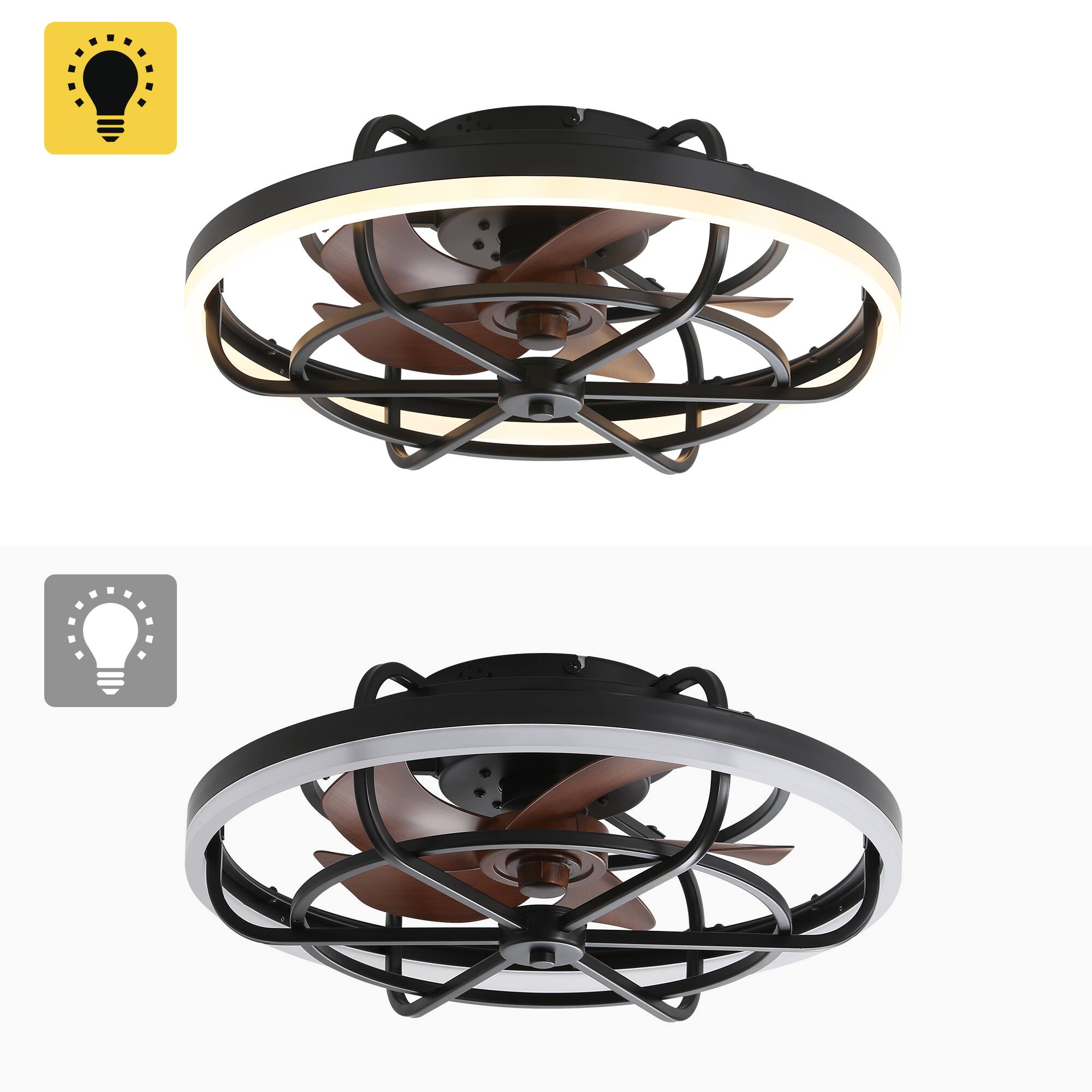 Alt View 9. Breezary - 19.7-In Flush Mount Cage Ceiling Fan with 5 Blades, 3-Color Light, 6-Speed Remote Control, Timer with Memory - Matte Black and Wood Grain.