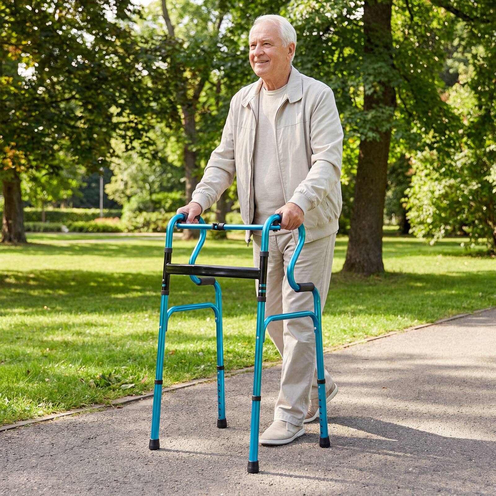 Alt View 3. Costway - Costway One-button Folding Walker Aluminum Walking Frame with Adjustable Height - Navy.