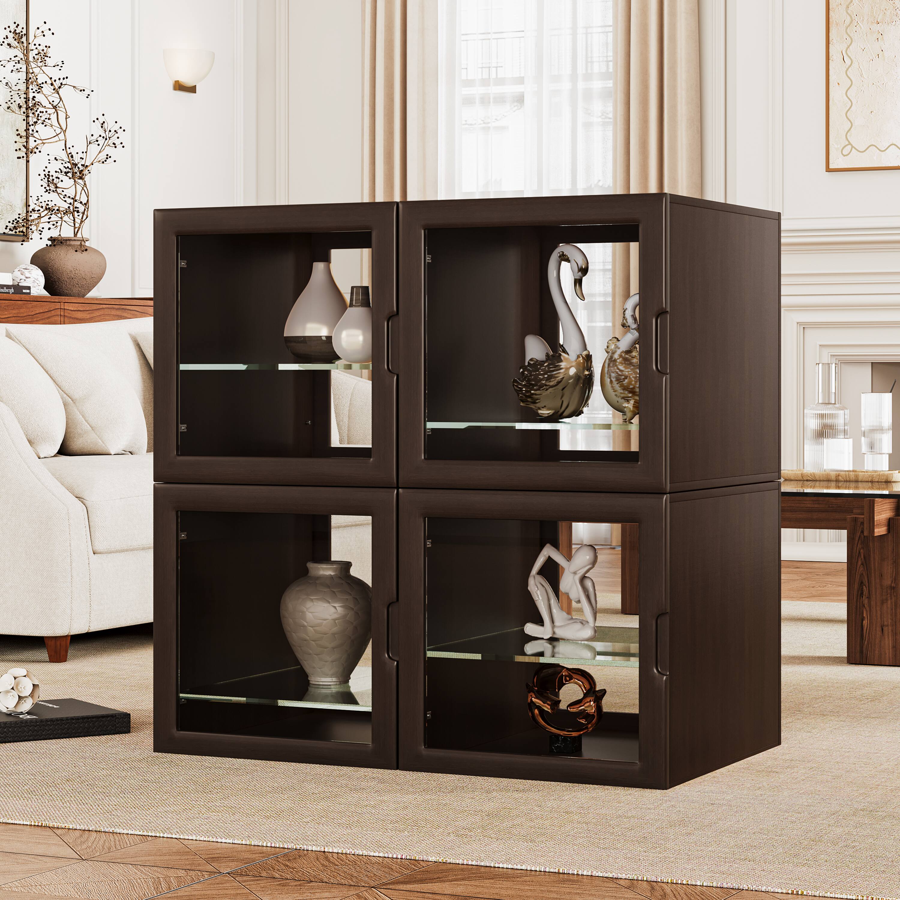 Front. MSOOB - 4 Pack China Cabinet, Glass Display Cabinets with Adjustable Shelves Curio Cabinets for Collectibles - Black Walnut.