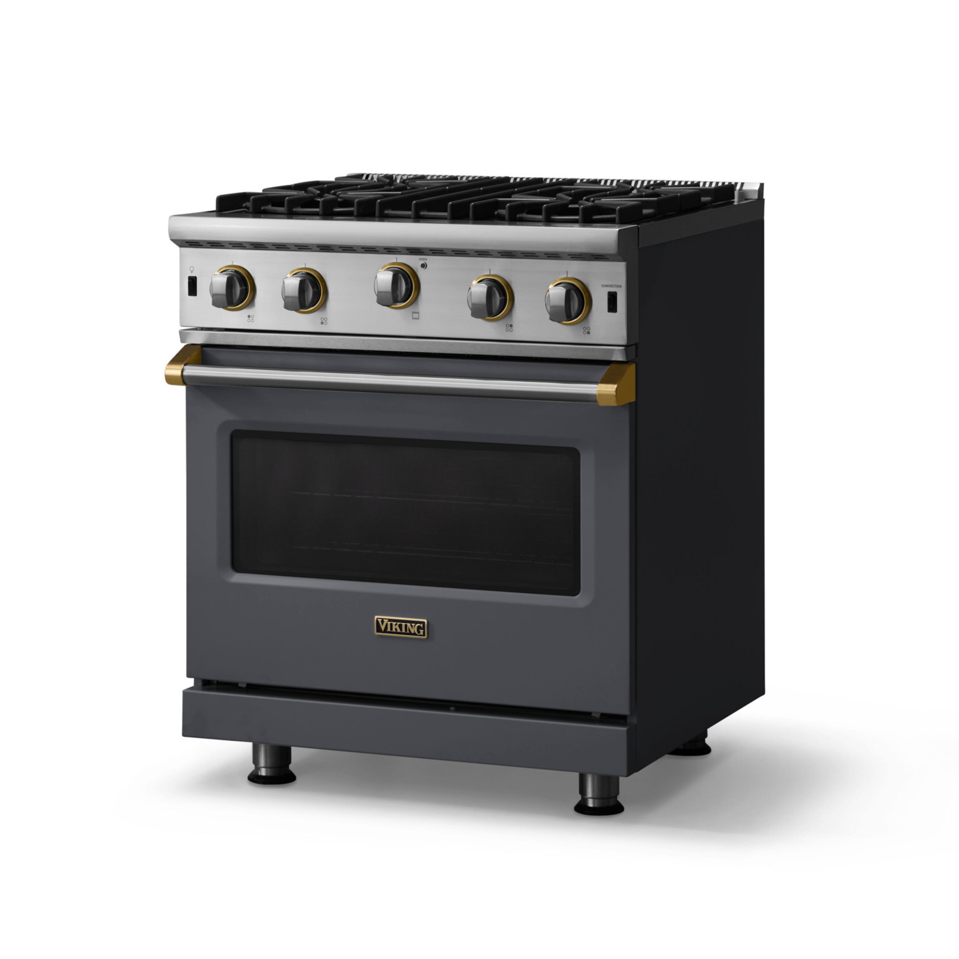 Angle. Viking - 30"W. 4.0 Cu. Ft. Freestanding Self-Clean Open Burner Gas Convection Range - Cast Black w. Brushed Brass Trim - Cast Black.