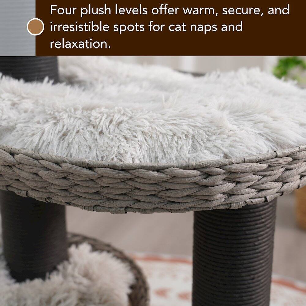 Four plush levels offer warm, secure, and irresistible spots for cat naps and relaxation.