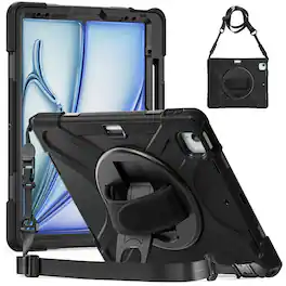 Dteck - Full-Body Case for Apple iPad Air (M2) 13" 2024 with Shoulder Strap, Shockproof Heavy Duty Cover, Multi-Angle Kickstand - Black