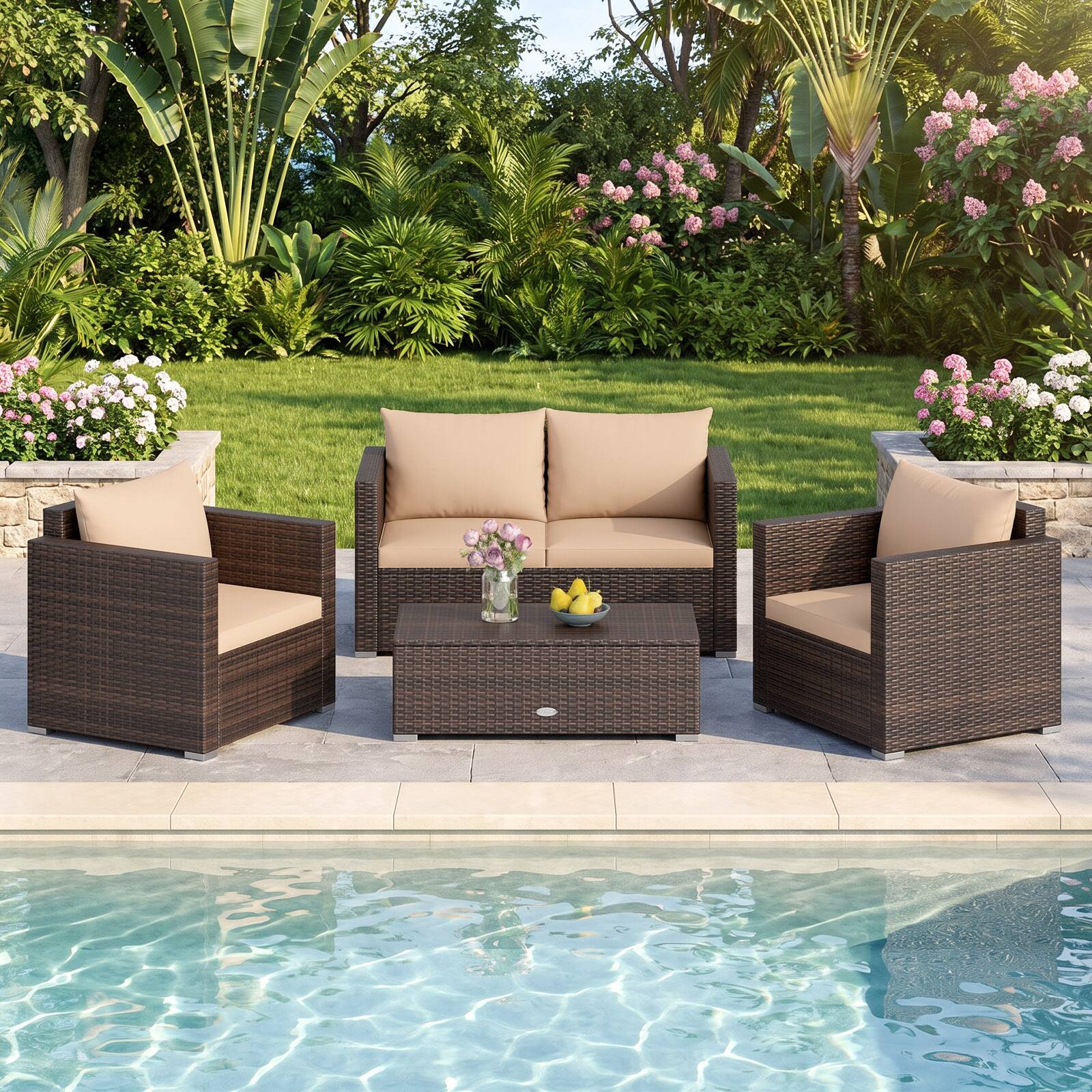 Alt View 3. Costway - Costway 4-Piece Patio Rattan Wicker Conversation Set with Padded Cushion & Coffee Table - Mix Brown+Brown.