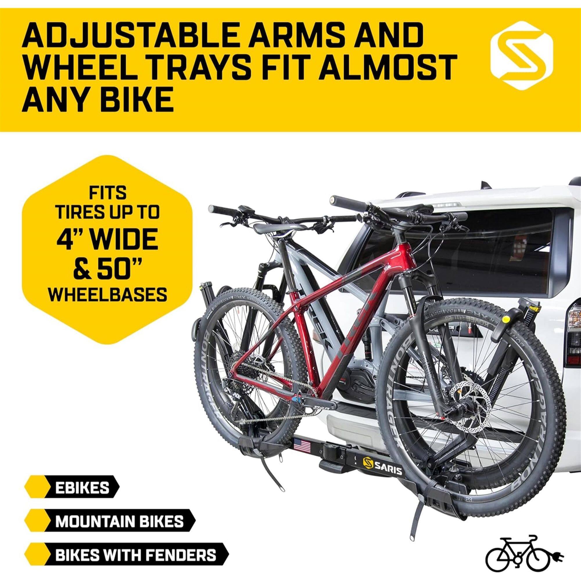 ADJUSTABLE ARMS AND WHEEL TRAYS FIT ALMOST ANY BIKE FITS TIRES UP TO 4" WIDE & 50" WHEELBASES EBIKES MOUNTAIN BIKES BIKES WITH FENDERS