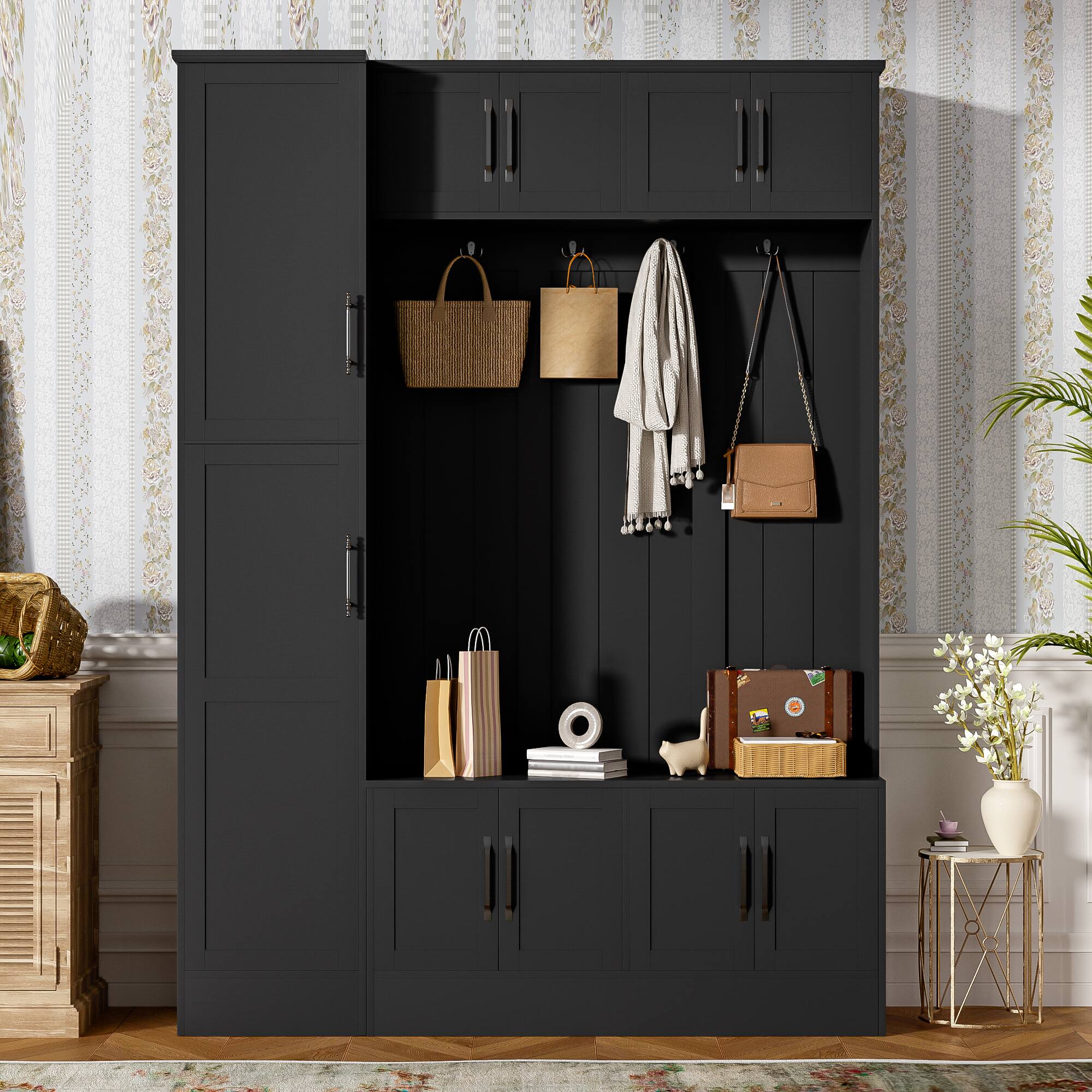 Left. Whisen - Modern Hall Tree with Shoe Storage, 4-in-1 Entryway Bench with 6 Cabinets and 4 Hooks - Black.