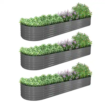 Front. A Anleolife - 3-Pack Metal Oval Large Raised Garden Bed Planter Boxes for Vegetables Flowers Herbs (144 in. L x 36 in. W x 18 in. H) - Gray.