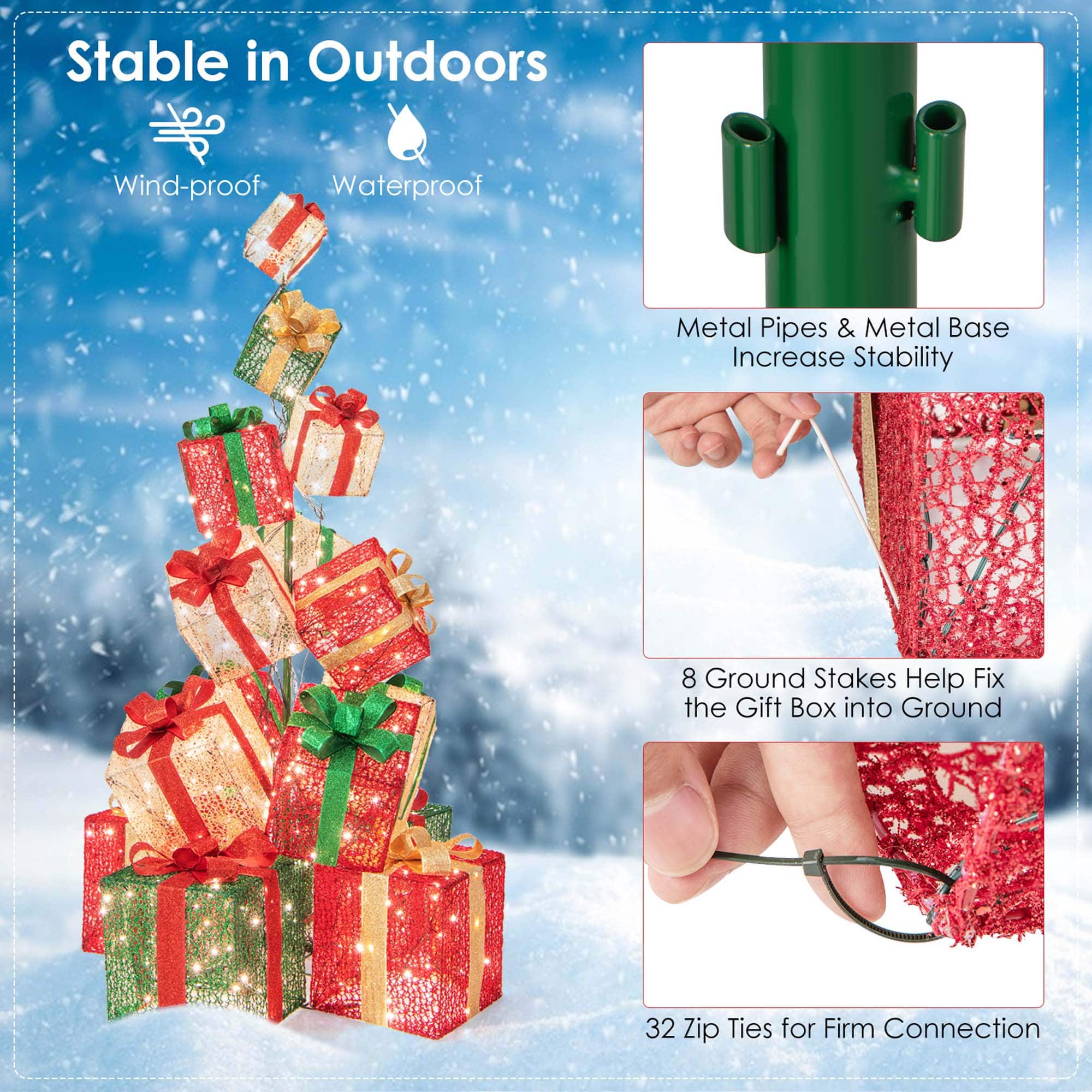 The text on the image is grouped and corrected as follows:
Stable in Outdoors:
Wind-proof:
Waterproof:
Metal Pipes & Metal Base:
Increase Stability:
8 Ground Stakes:
Help Fix the Gift Box into Ground:
32 Zip Ties:
for Firm Connection