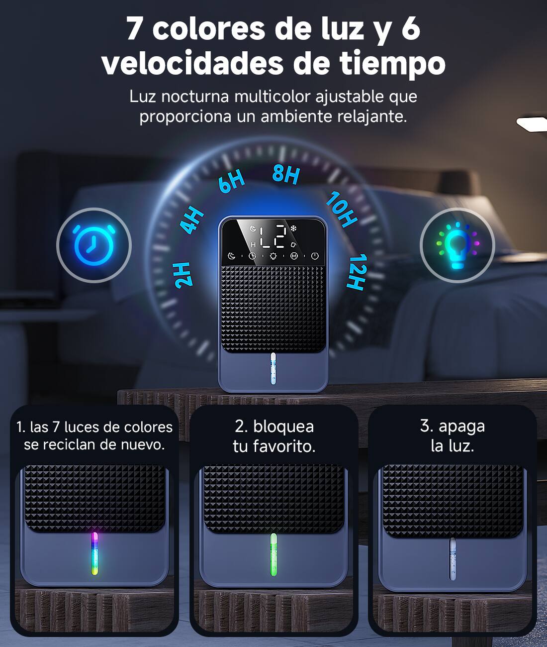 7 colores de luz y 6 velocidades de tiempo  
Luz nocturna multicolor ajustable que proporciona un ambiente relajante.

1. Las 7 luces de colores se reciclan de nuevo.
2. Bloquea tu favorito.
3. Apaga la luz.