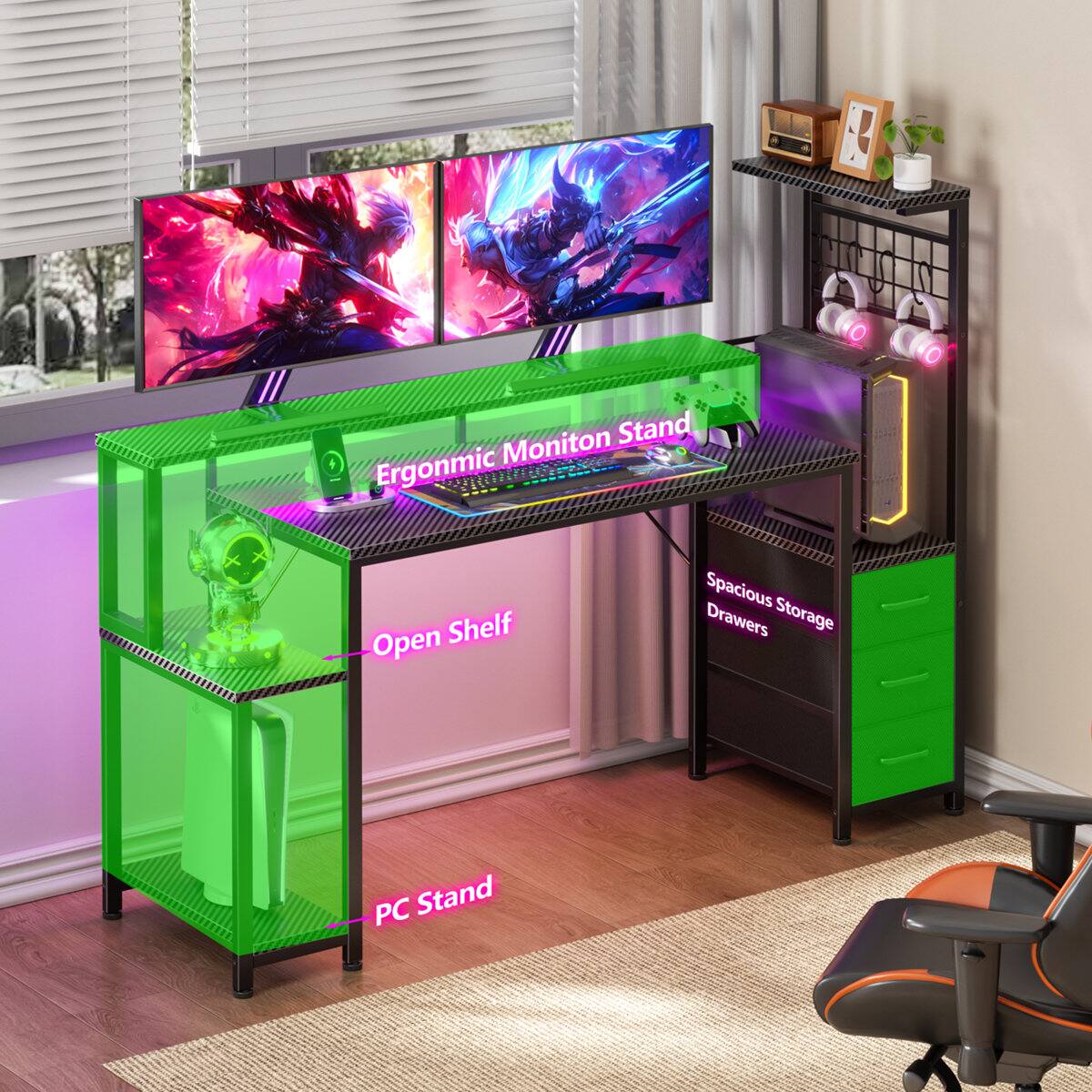Ergonomic Monitor Stand Open Shelf Spacious Storage Drawers PC Stand