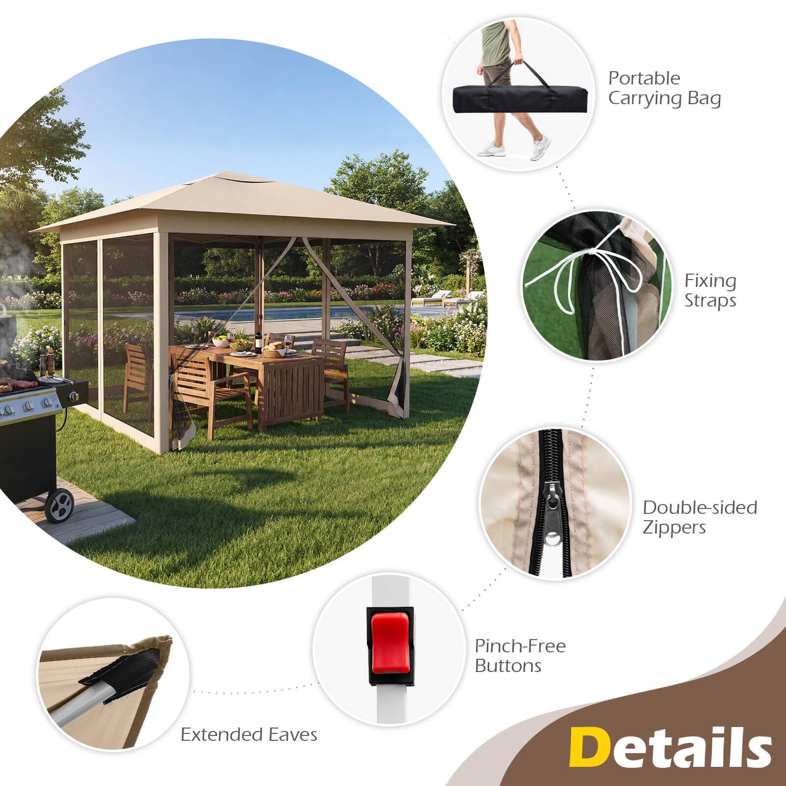 Portable Carrying Bag  
Fixing Straps  
Double-sided Zippers  
Pinch-Free Buttons  
Extended Eaves  
Details