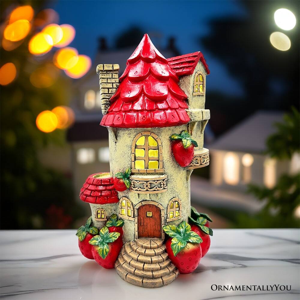 Alt View 1. OrnamentallyYou - Solar Powered Strawberry Fairy Home Garden Statue, 10" Unique Spring Decoration - Multicolored.