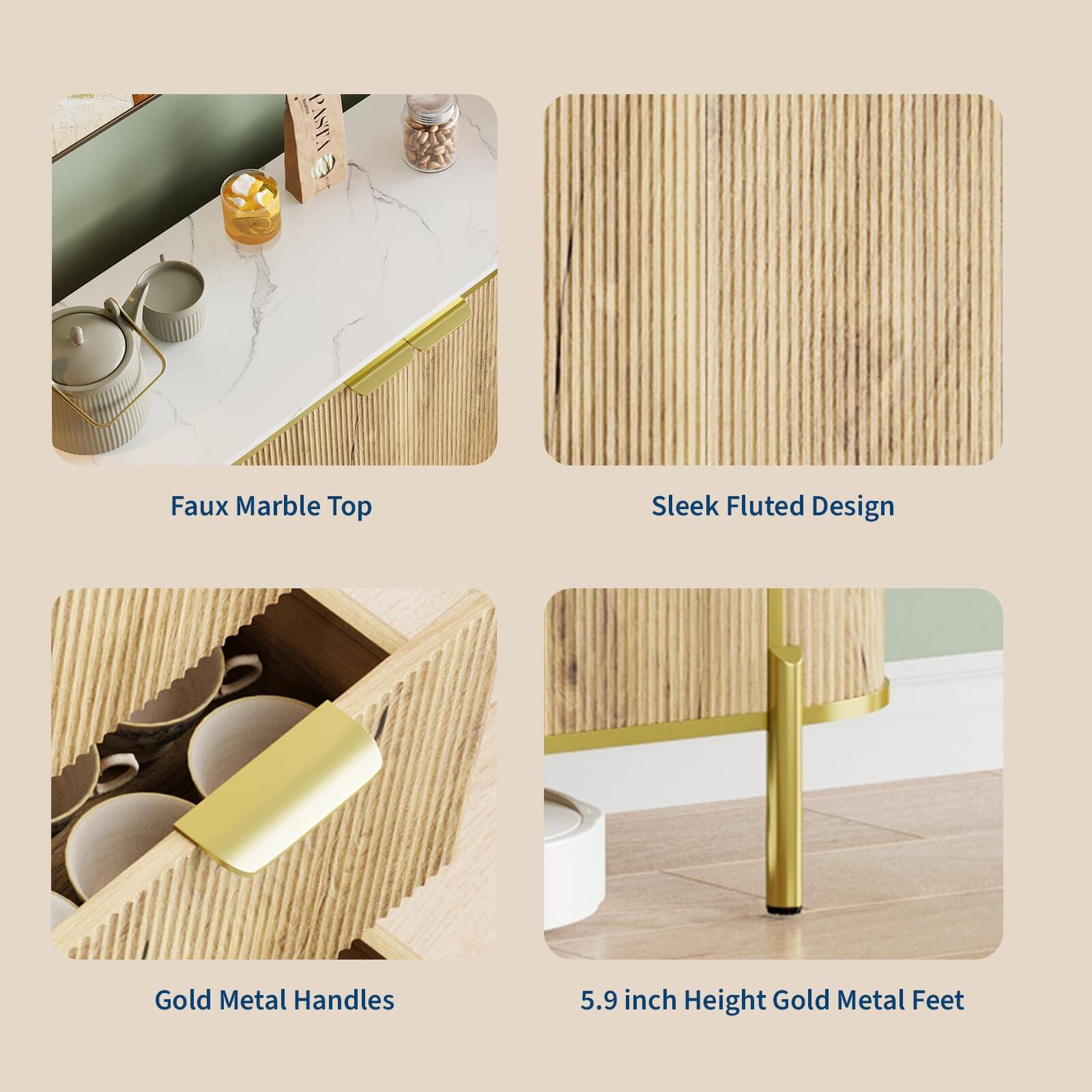 - Faux Marble Top
- Sleek Fluted Design
- Gold Metal Handles
- 5.9 inch Height Gold Metal Feet