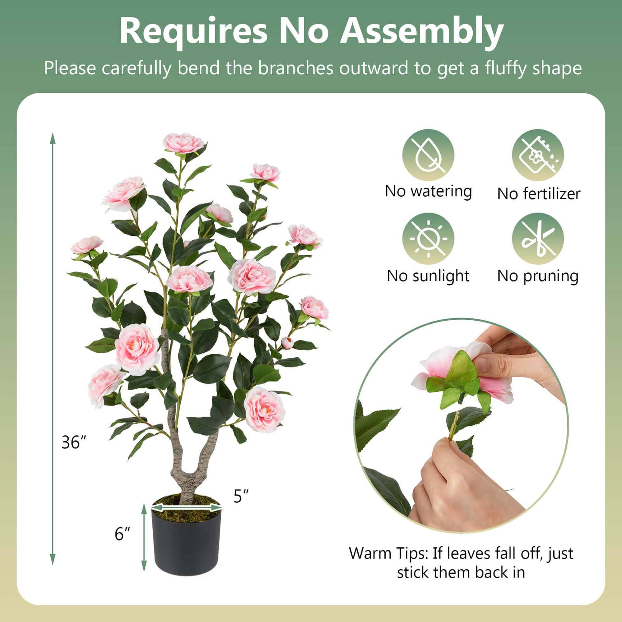 Requires No Assembly

Please carefully bend the branches outward to get a fluffy shape

- No watering
- No fertilizer
- No sunlight
- No pruning

36" 5" 6"

Warm Tips: If leaves fall off, just stick them back in