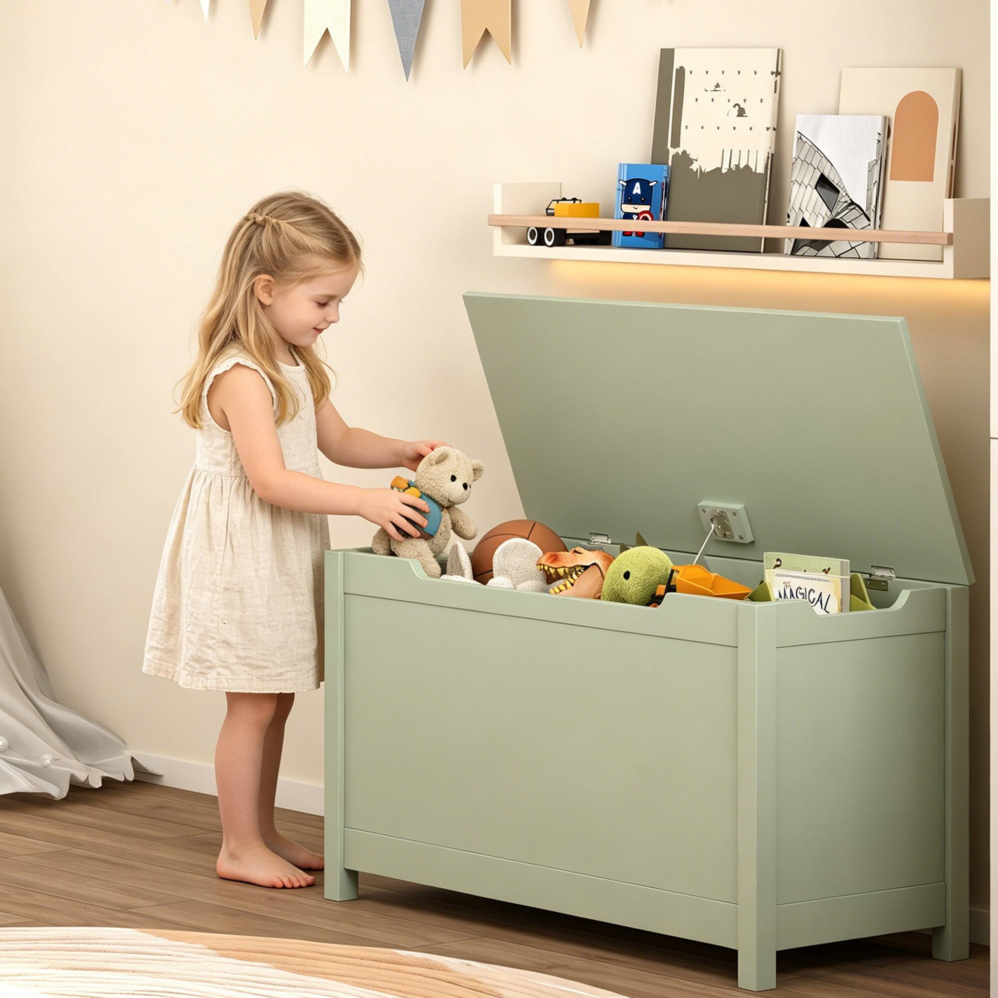 Left. Z-Edge - Kids Storage Bench, Wooden Toy Box Chest, Large Storage Cabinet with Safety Hinge for Playroom, Living Room or Entryway - Green.