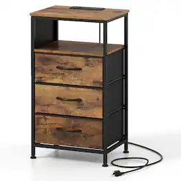 WELLFOR - 27.5" Modern Nightstand with Charging Station and 3 Fabric Drawers - Rustic Brown