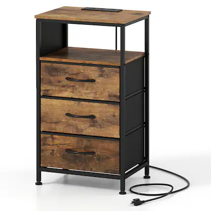 Front. WELLFOR - 27.5" Modern Nightstand with Charging Station and 3 Fabric Drawers - Rustic Brown.