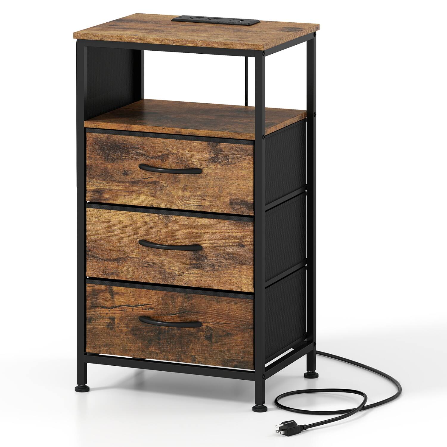 Front. WELLFOR - 27.5" Modern Nightstand with Charging Station and 3 Fabric Drawers - Rustic Brown.