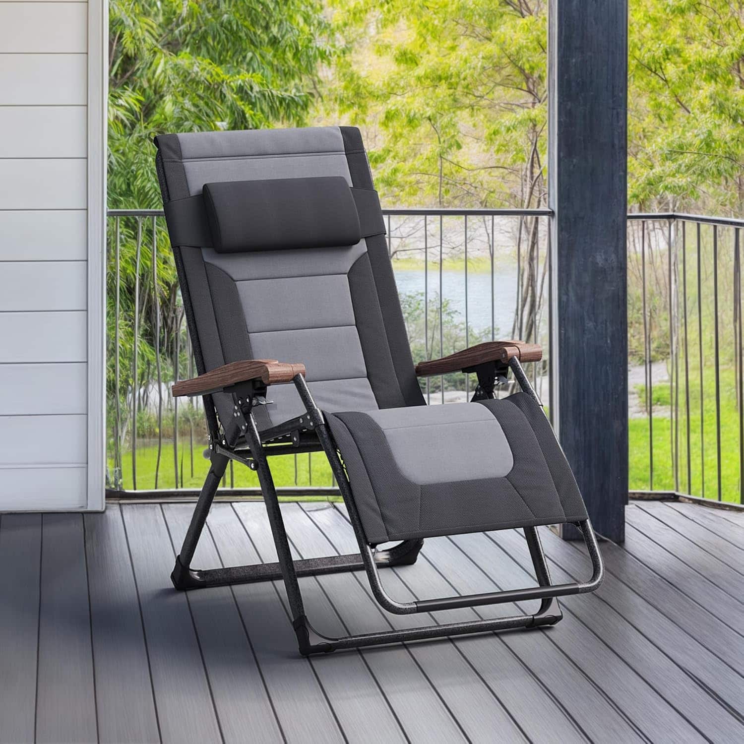 Front. PURPLE LEAF - Widened Outdoor Chaise Lounge Patio Zero Gravity Recliner Folding Chair with Quilted Seat Adjustable Headrest for Lawn - Black & Grey.