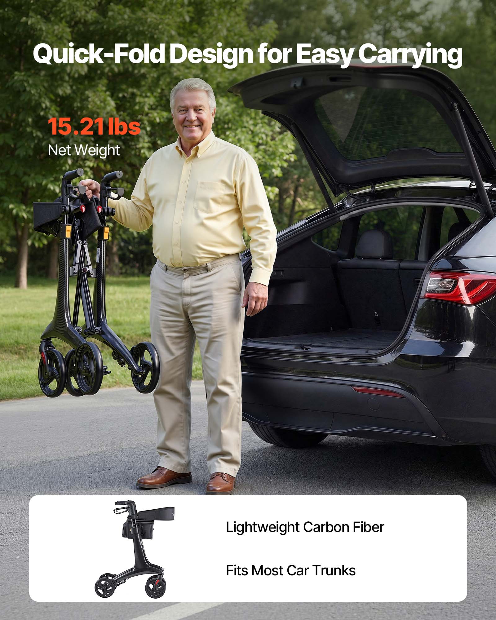 Quick-Fold Design for Easy Carrying  
15.21 lbs Net Weight  
Lightweight Carbon Fiber  
Fits Most Car Trunks