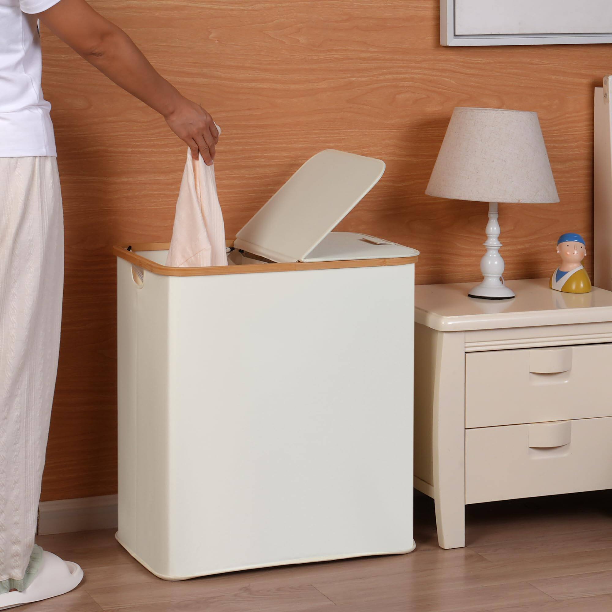 Left. JETRANSPORT - Laundry Hamper With Lid Double 2 Removable Bags 2 Section Basket Handles For Bathroom Bedroom & Room 140l - Beige 140L Dual.