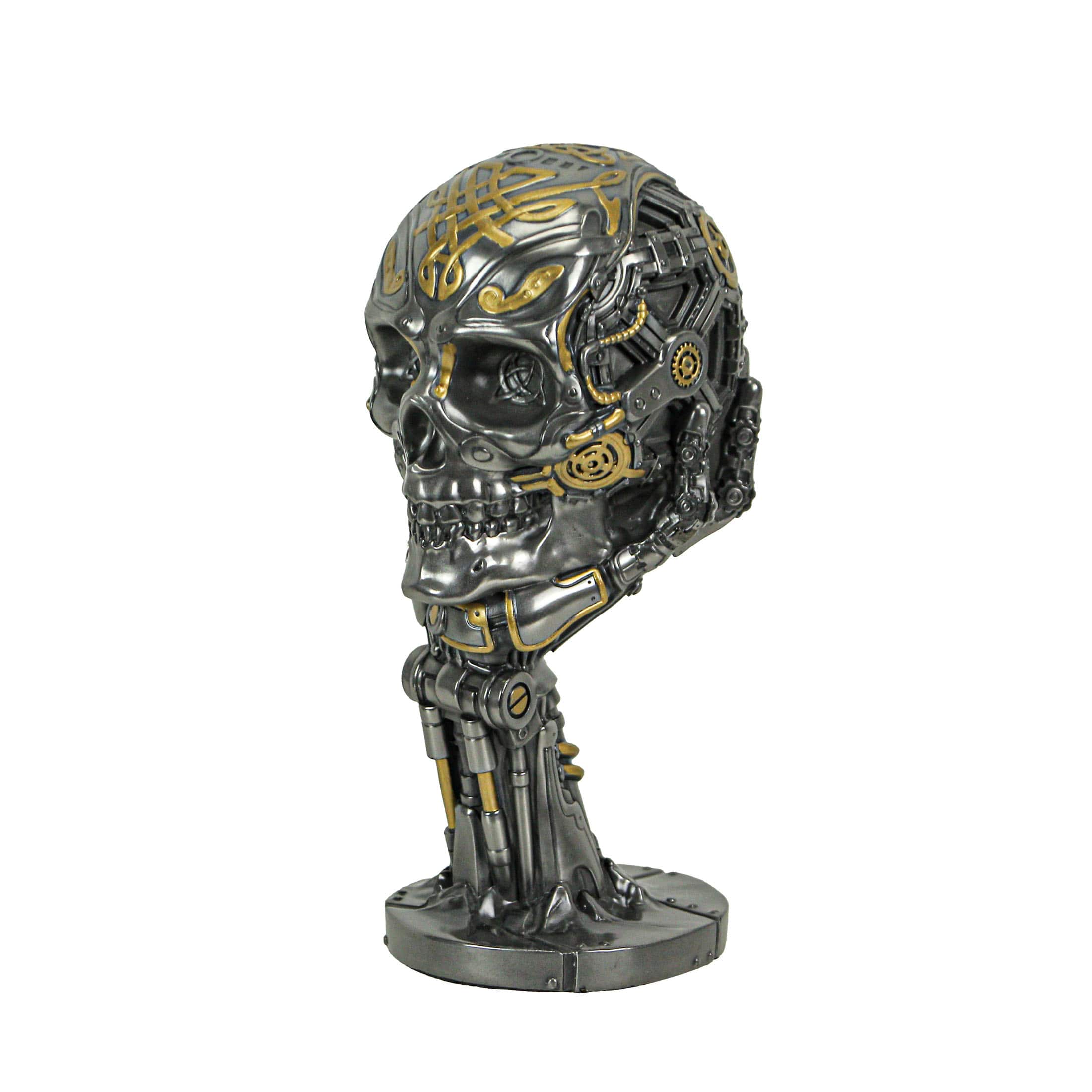Veronese Design - Silver / Gold Finished Steampunk Human Skull Statue - Robotic Arm Base - Multicolored